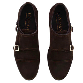 Men's double buckle shoe in dark brown suede