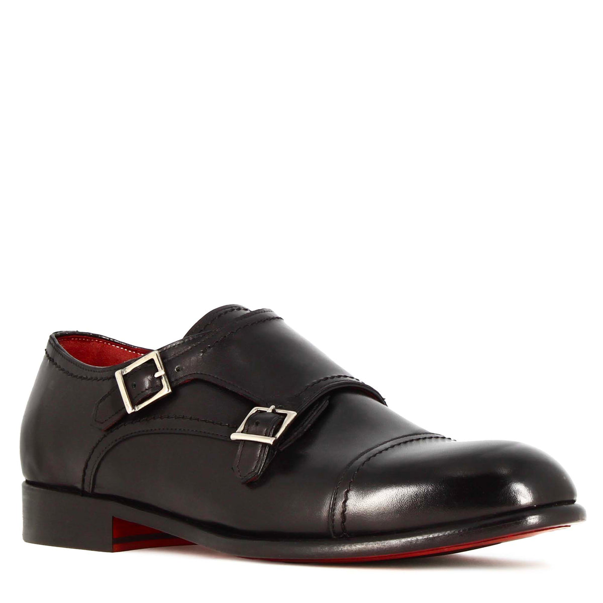 Men's double buckle shoe in black leather