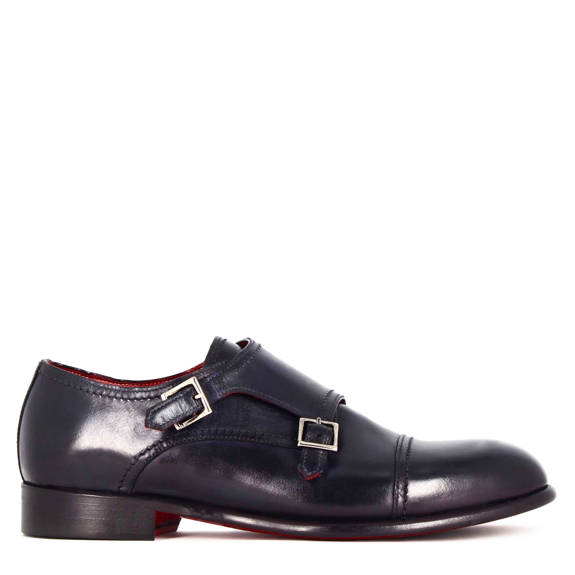 Herrenschuh mit doppelter Schnalle aus dunkelblauem Glattleder
