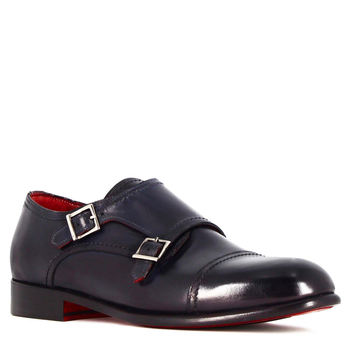 Men's double buckle shoe in dark blue smooth leather