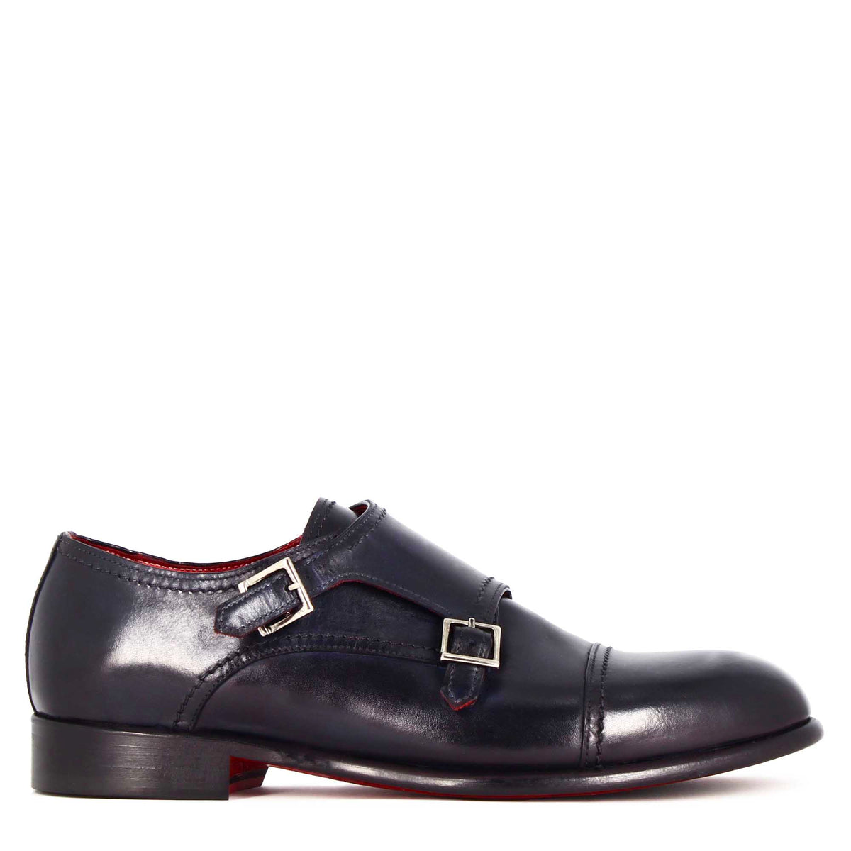 Men's double buckle shoe in dark blue smooth leather