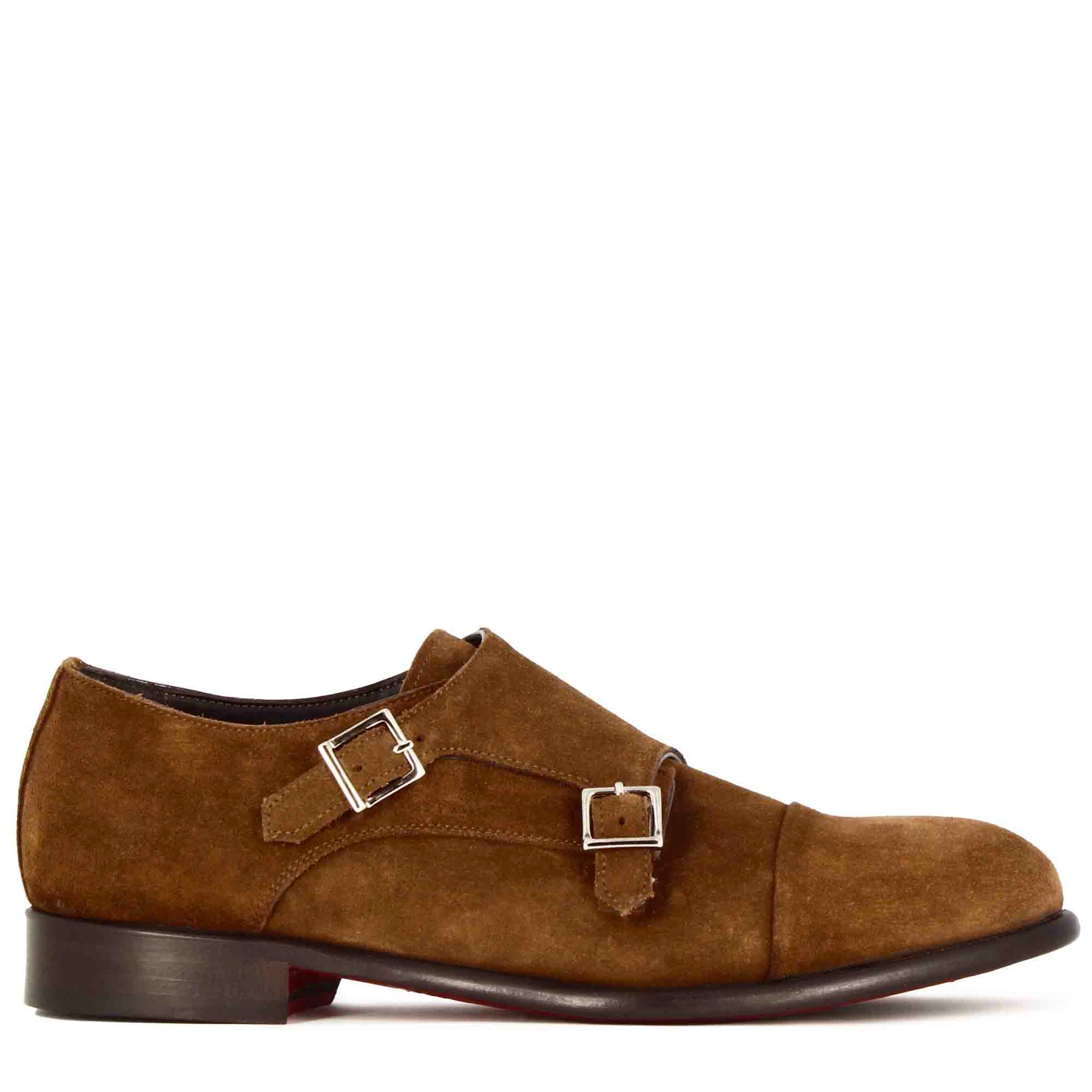 Double buckle men's shoe in light brown suede