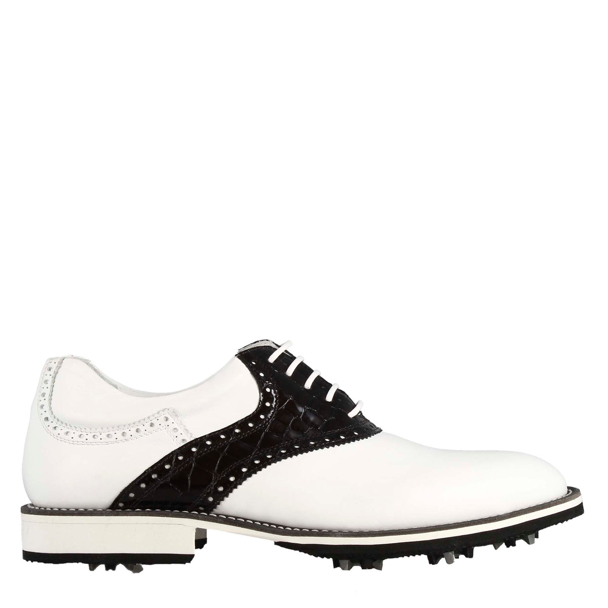 Handcrafted men's golf shoe in white leather with black leather details.