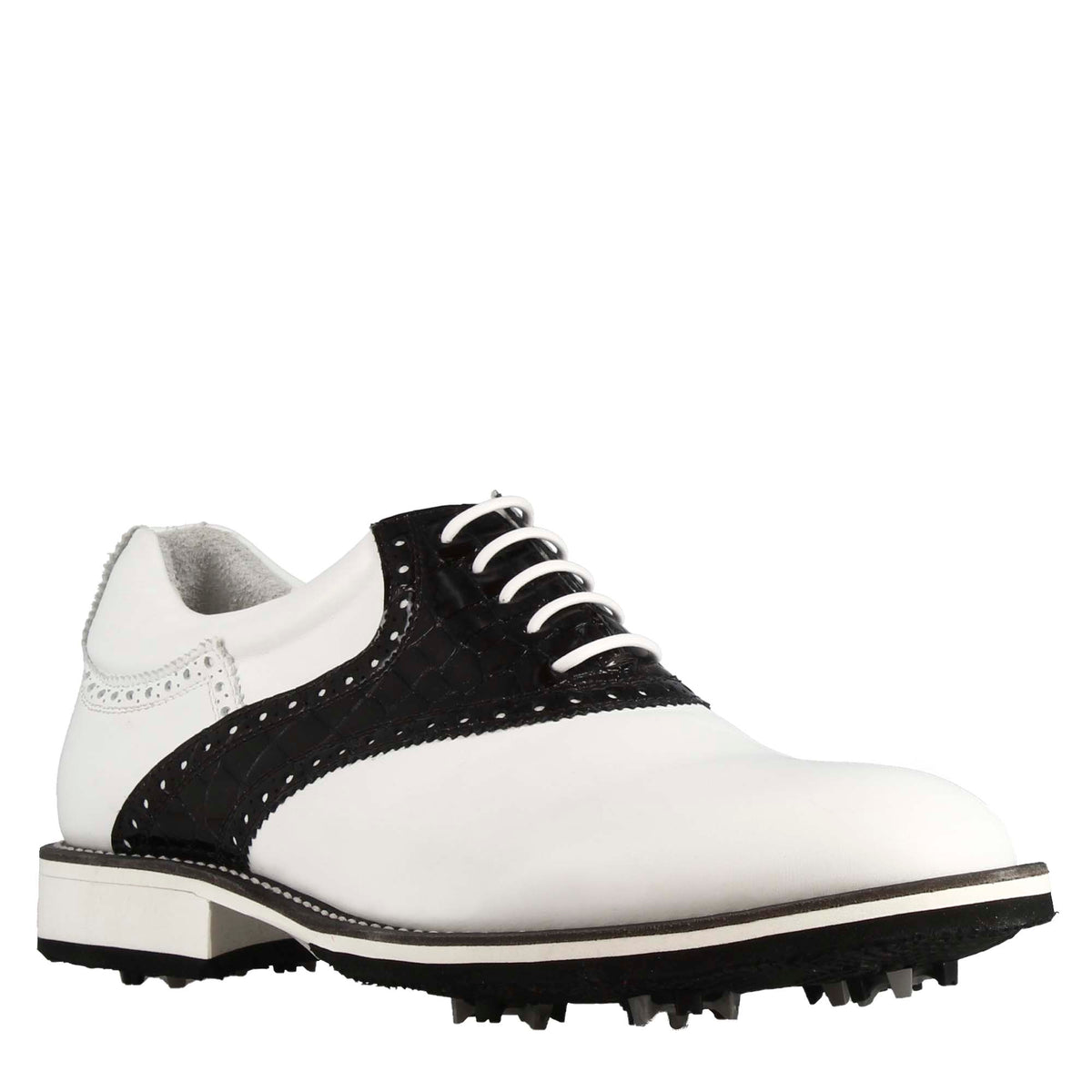 Scarpa golf artigianale da uomo in pelle colore bianco con dettagli in pelle colore nero.