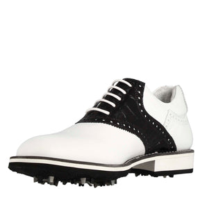 Handcrafted men's golf shoe in white leather with black leather details.