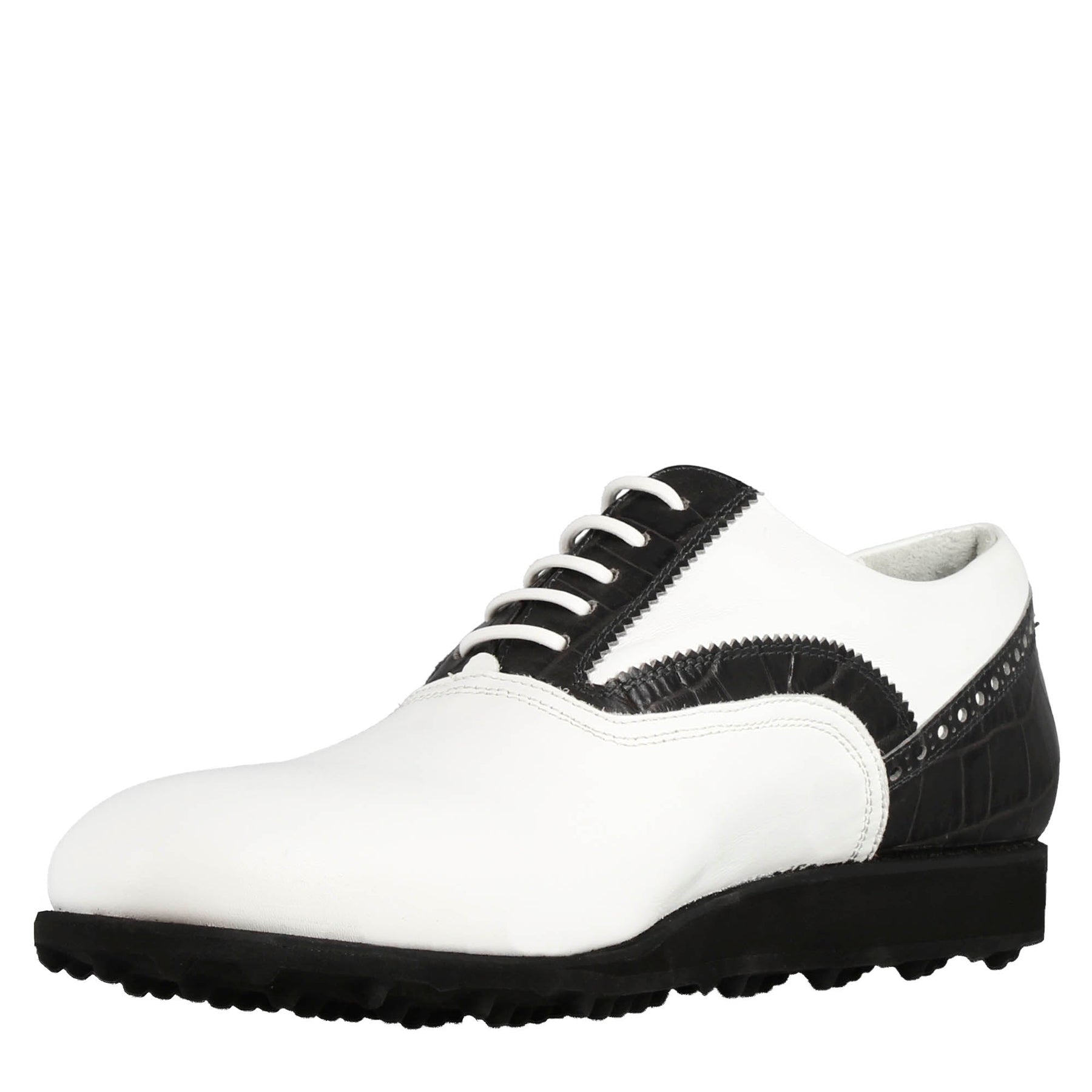 Chaussure de golf pour homme faite à la main en cuir blanc avec détails noirs
