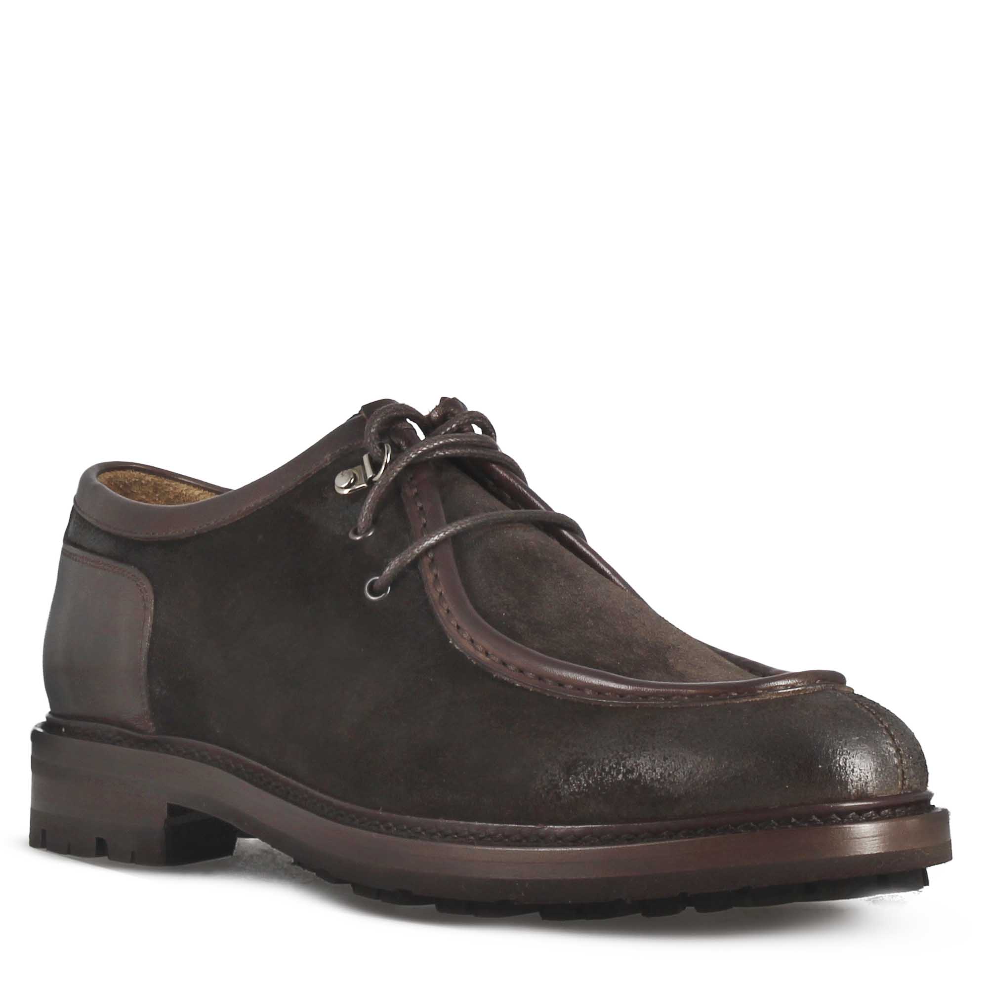 Scarpa stringata da uomo modello Ingegnere in pelle scamosciata marrone scuro