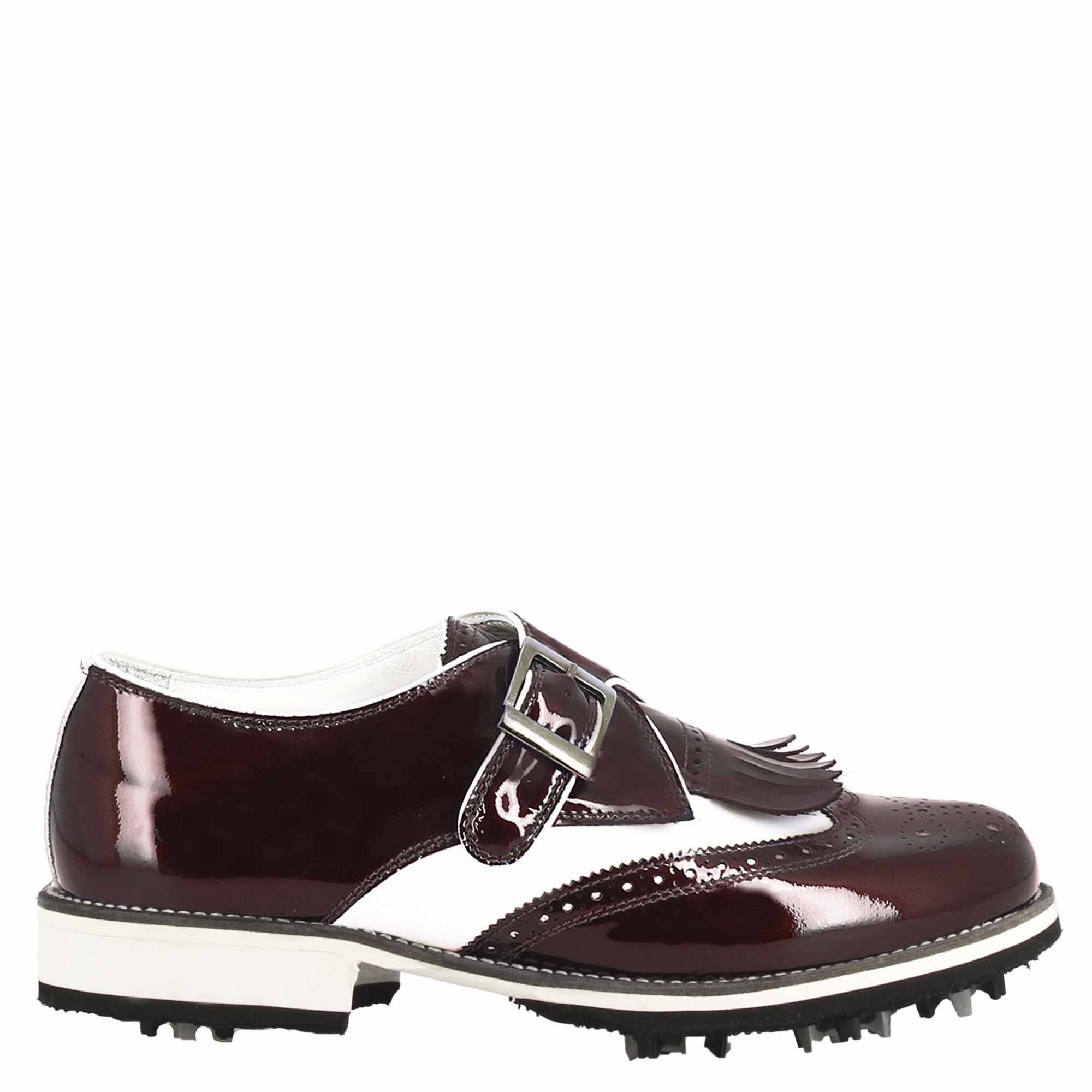 Herren-Schnallenschuhe aus weißem Leder und burgunderfarbenem Lackleder