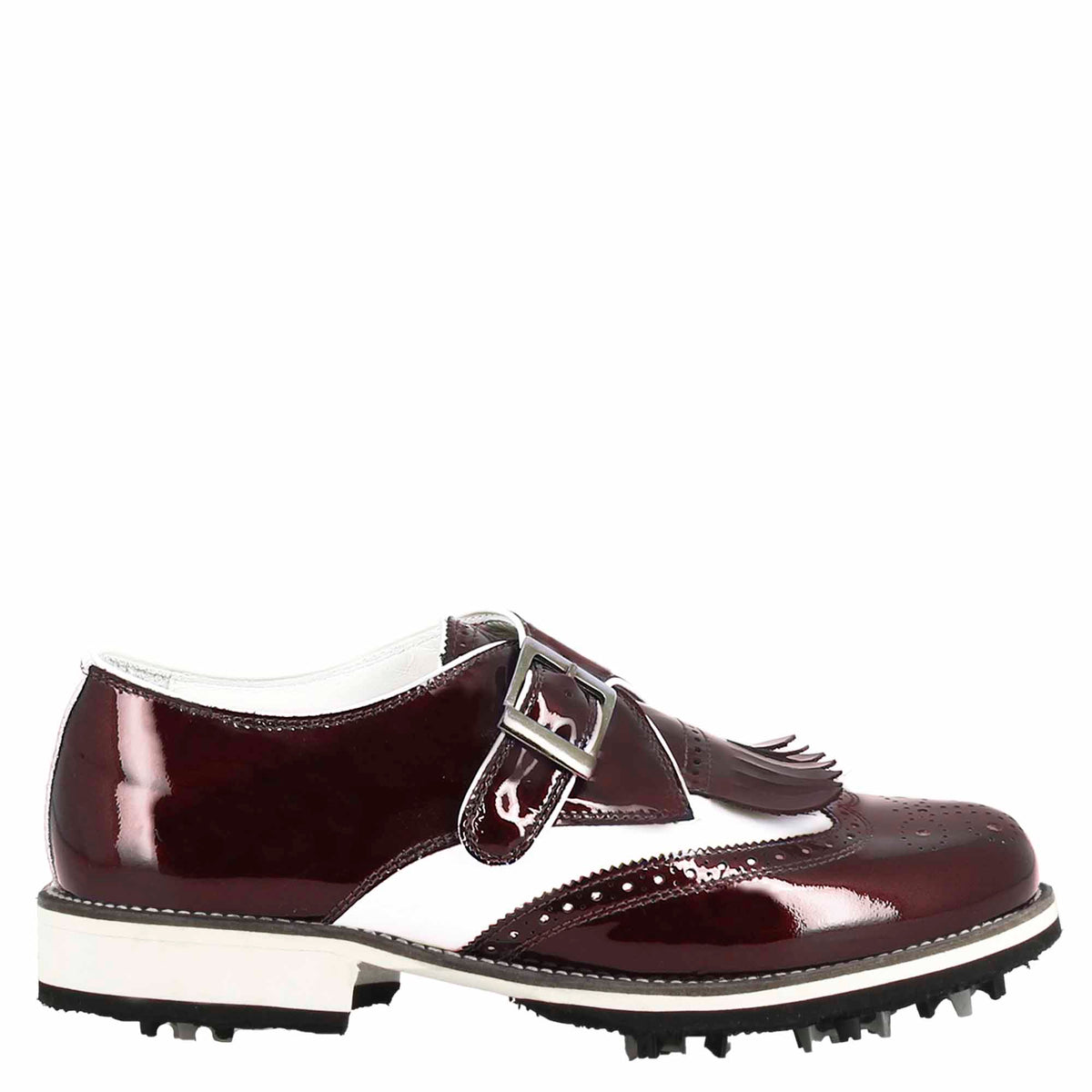 White leather and bordeaux patent leather men's golf buckle shoes