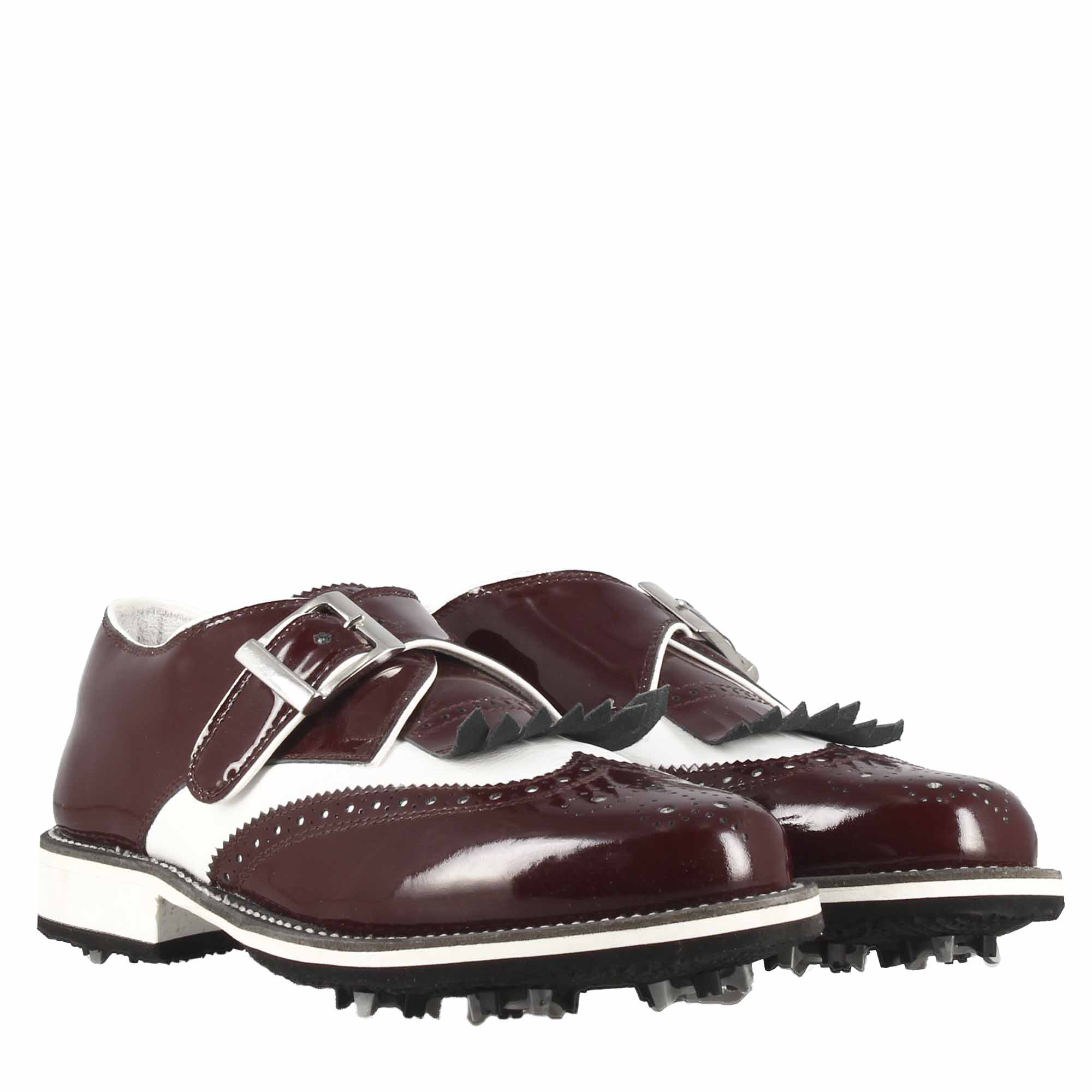 Herren-Schnallenschuhe aus weißem Leder und burgunderfarbenem Lackleder