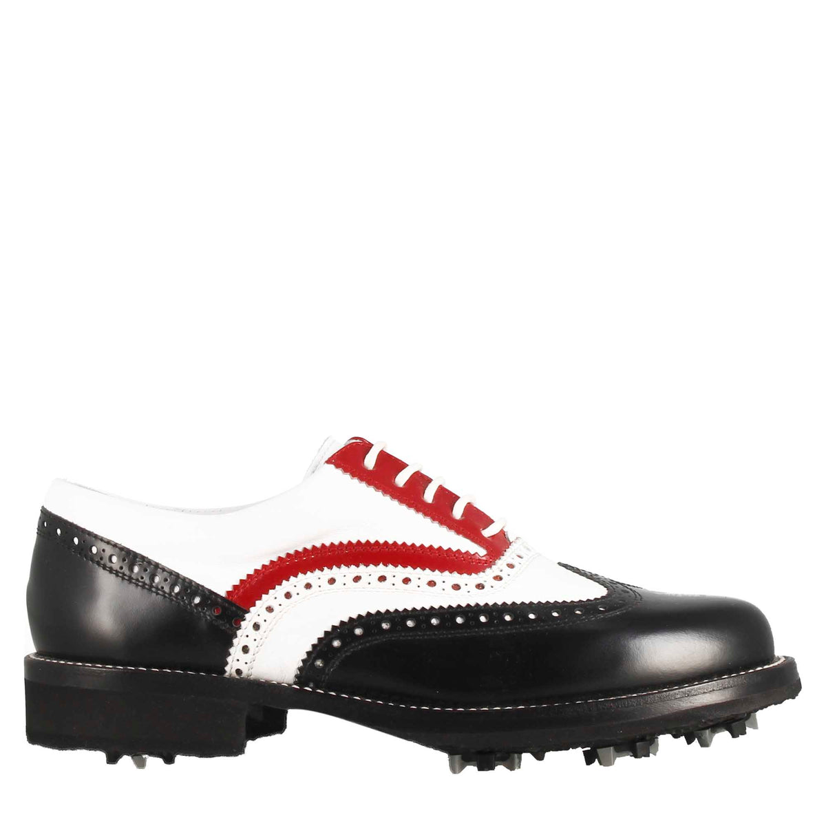 Handgefertigte Damen-Golfschuhe aus schwarz/weiß/rotem Vollnarbenleder