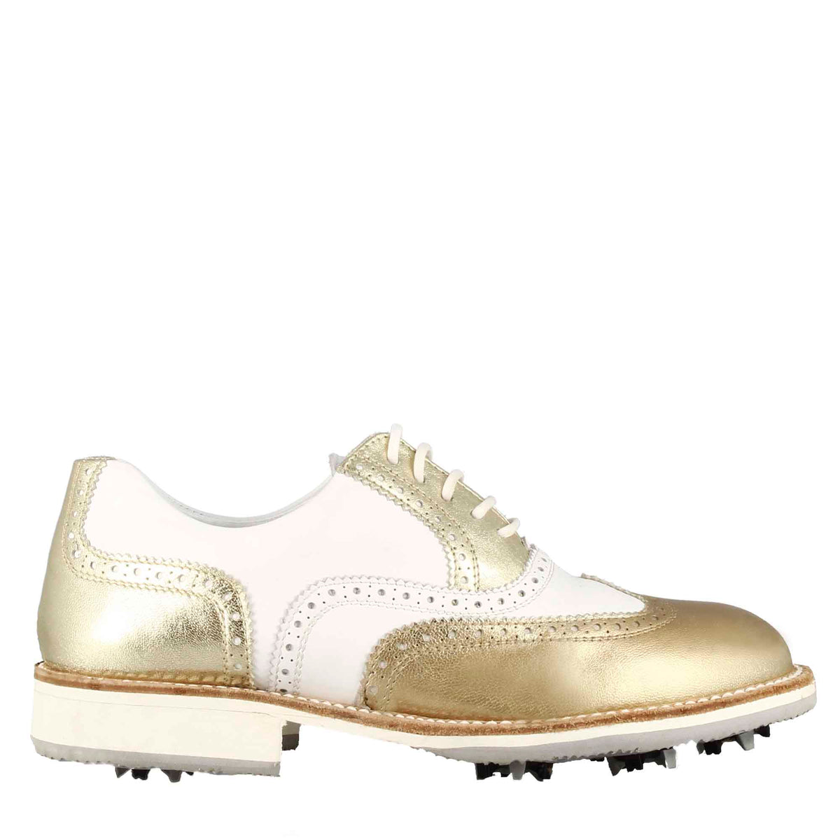 Handcrafted women's golf shoes in white leather with gold-colored details