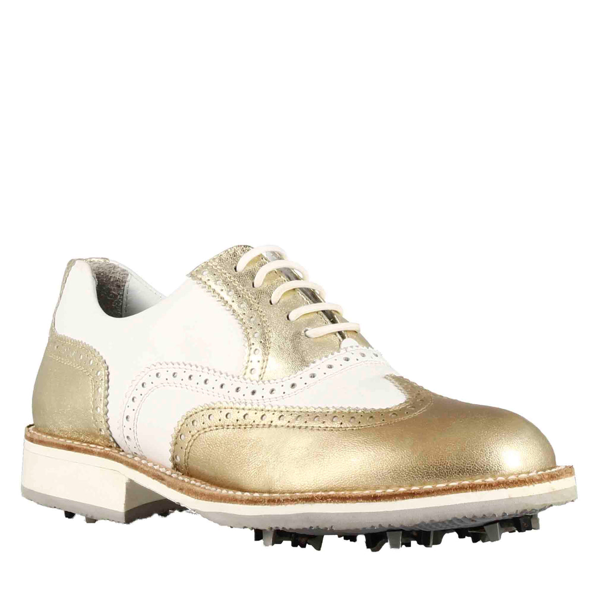 Handcrafted women's golf shoes in white leather with gold-colored details