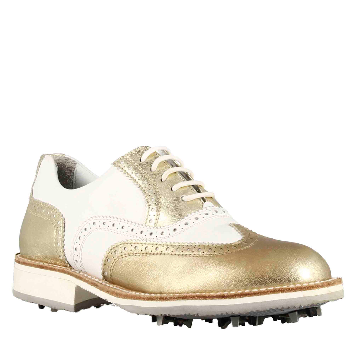 Chaussures de golf pour femmes fabriquées à la main en cuir blanc avec détails dorés