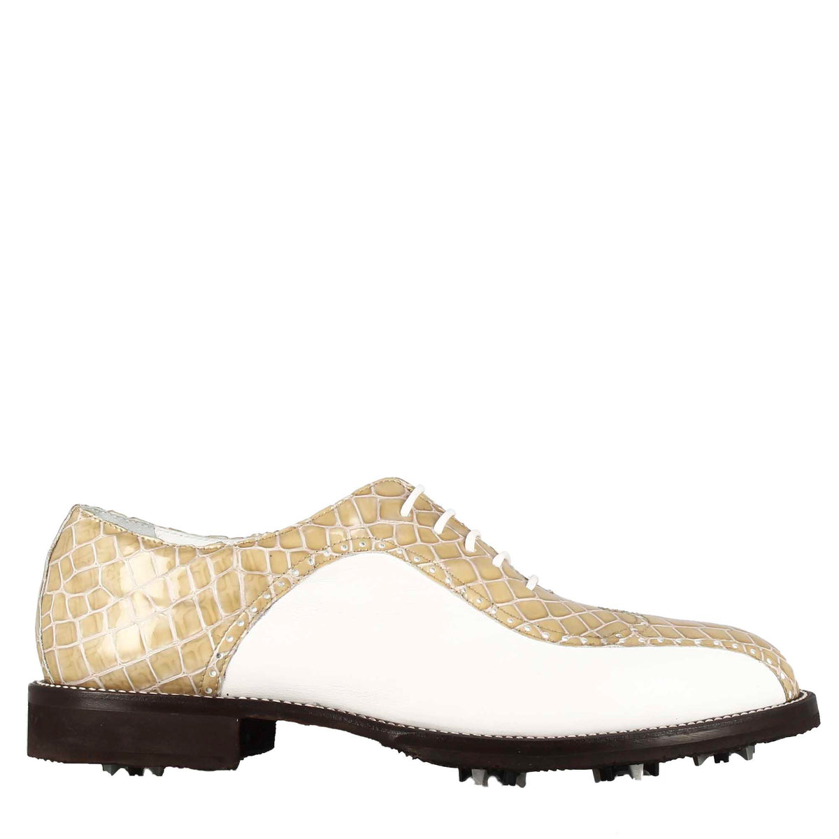Man's golf shoes in white and beige two-tone leather with crocodile print