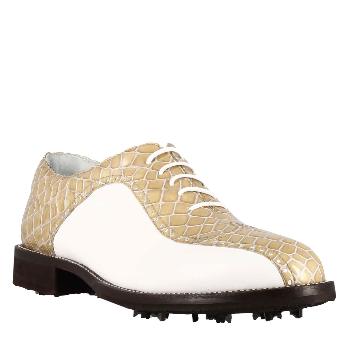 Chaussures de golf pour femme en cuir bicolore blanc et beige imprimé crocodile