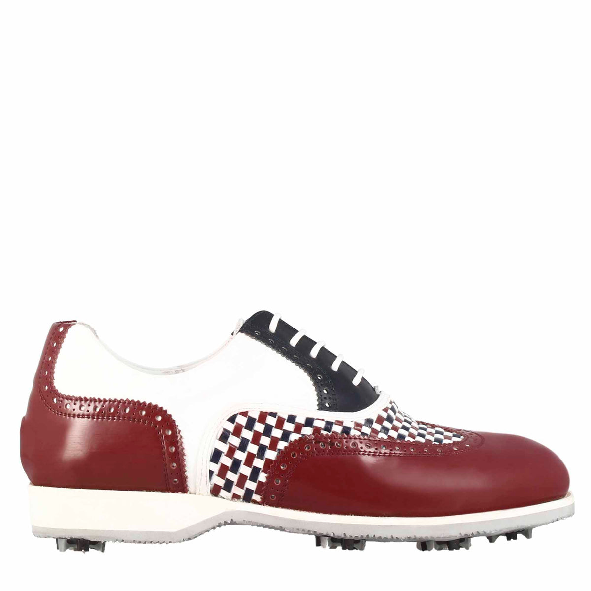 Handcrafted men's golf shoes in white leather with blue and burgundy details