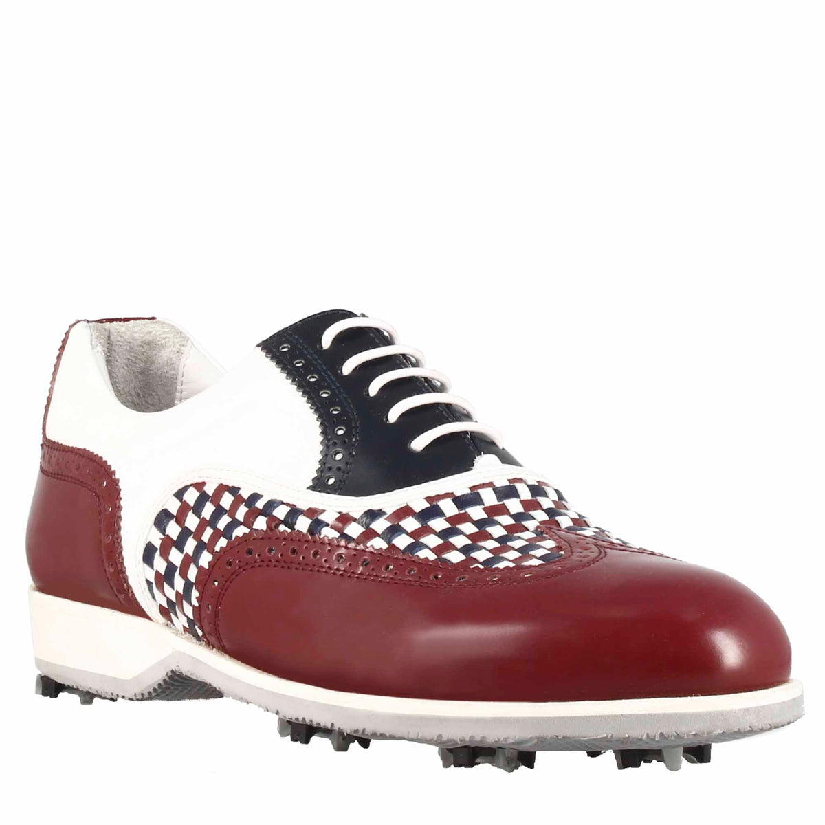 Handcrafted woman's golf shoes in white leather with blue and burgundy details