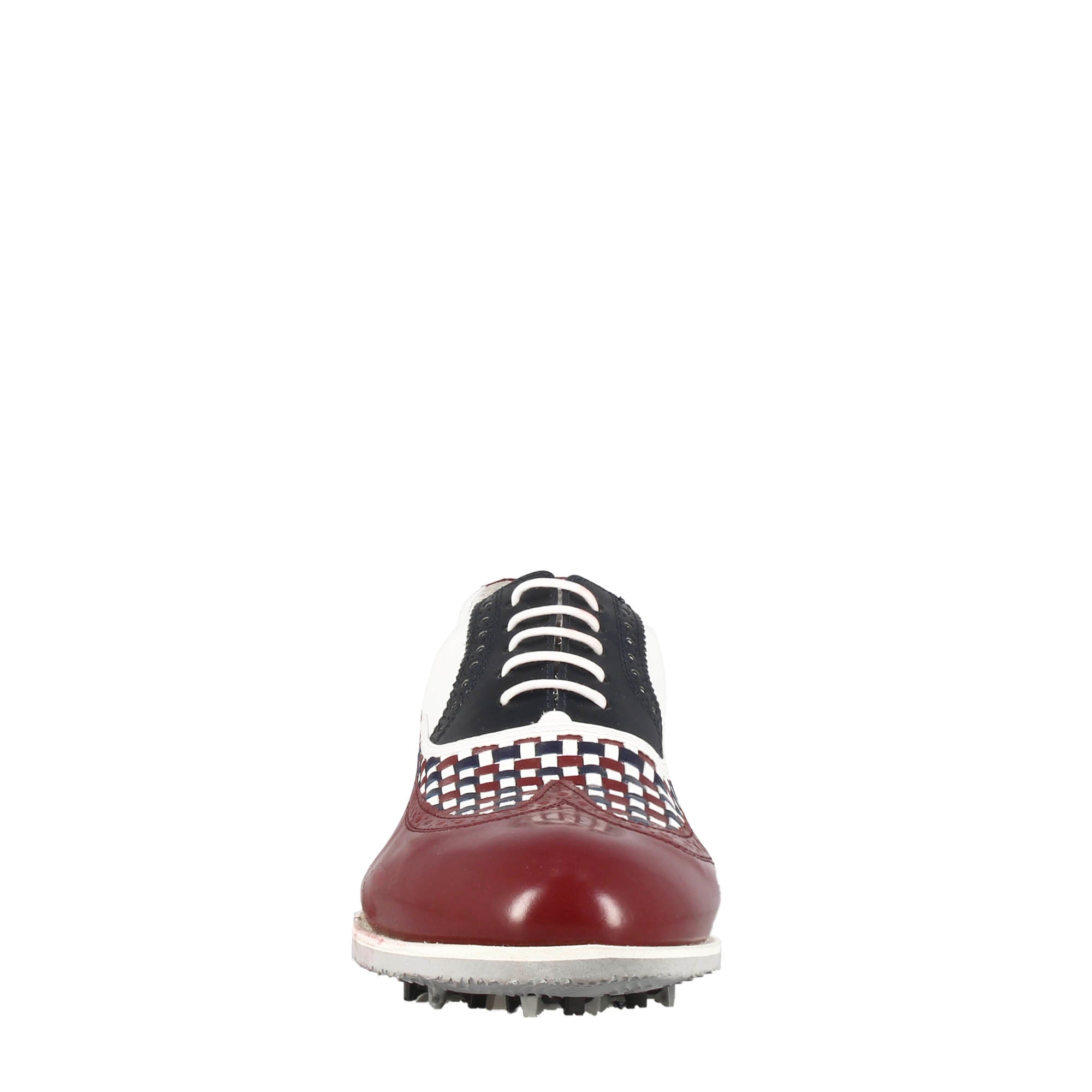 Chaussures de golf pour femme fabriquées à la main en cuir blanc avec détails bleus et bordeaux