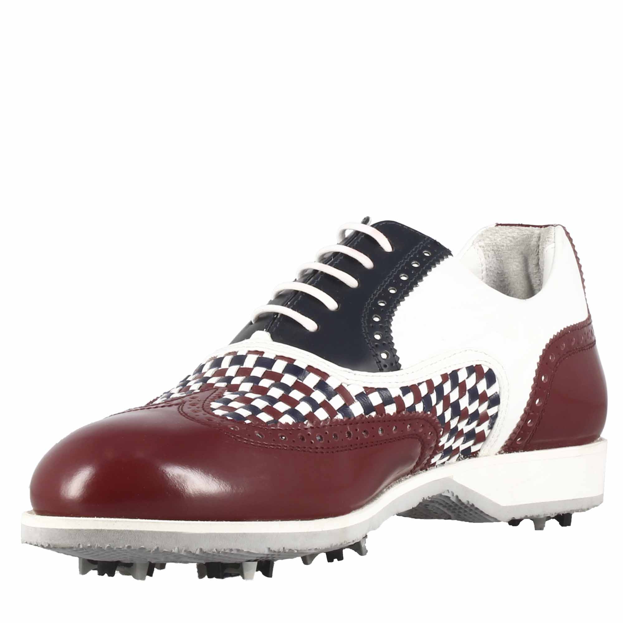 Chaussures de golf pour femme fabriquées à la main en cuir blanc avec détails bleus et bordeaux