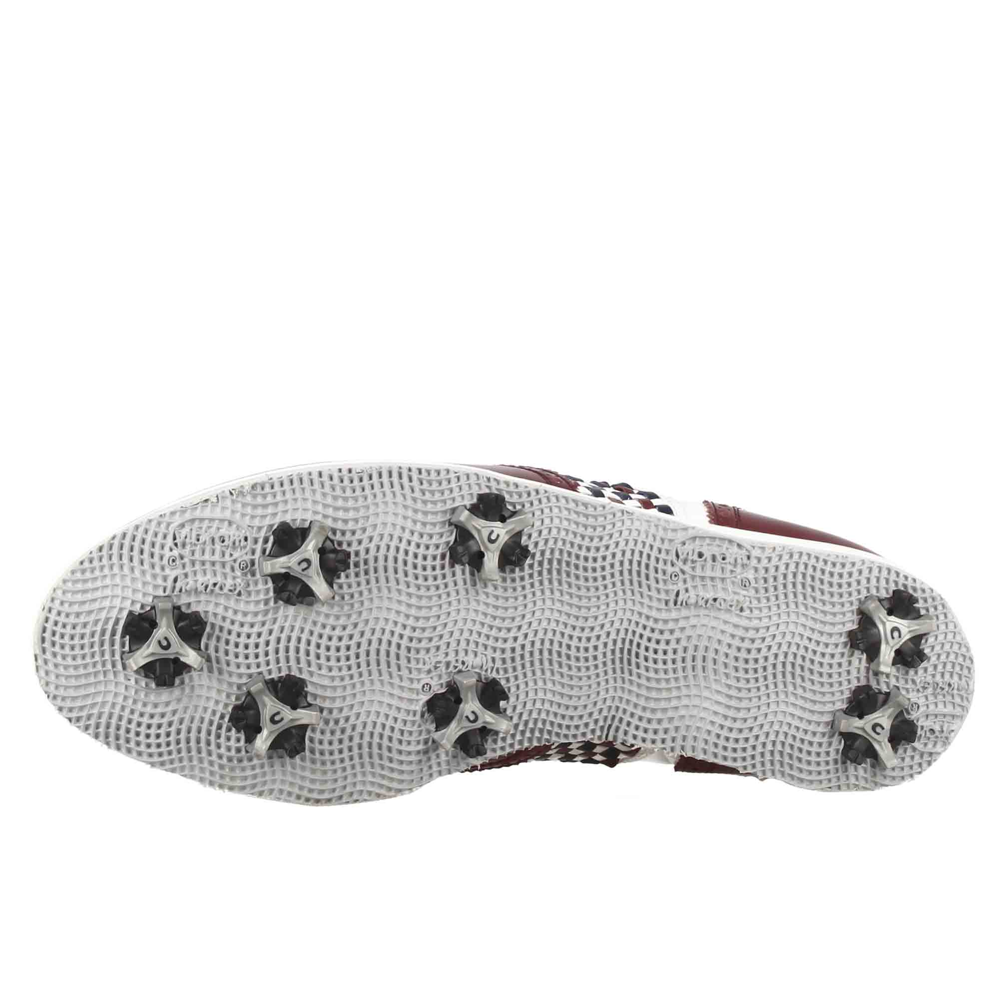 Chaussures de golf pour femme fabriquées à la main en cuir blanc avec détails bleus et bordeaux