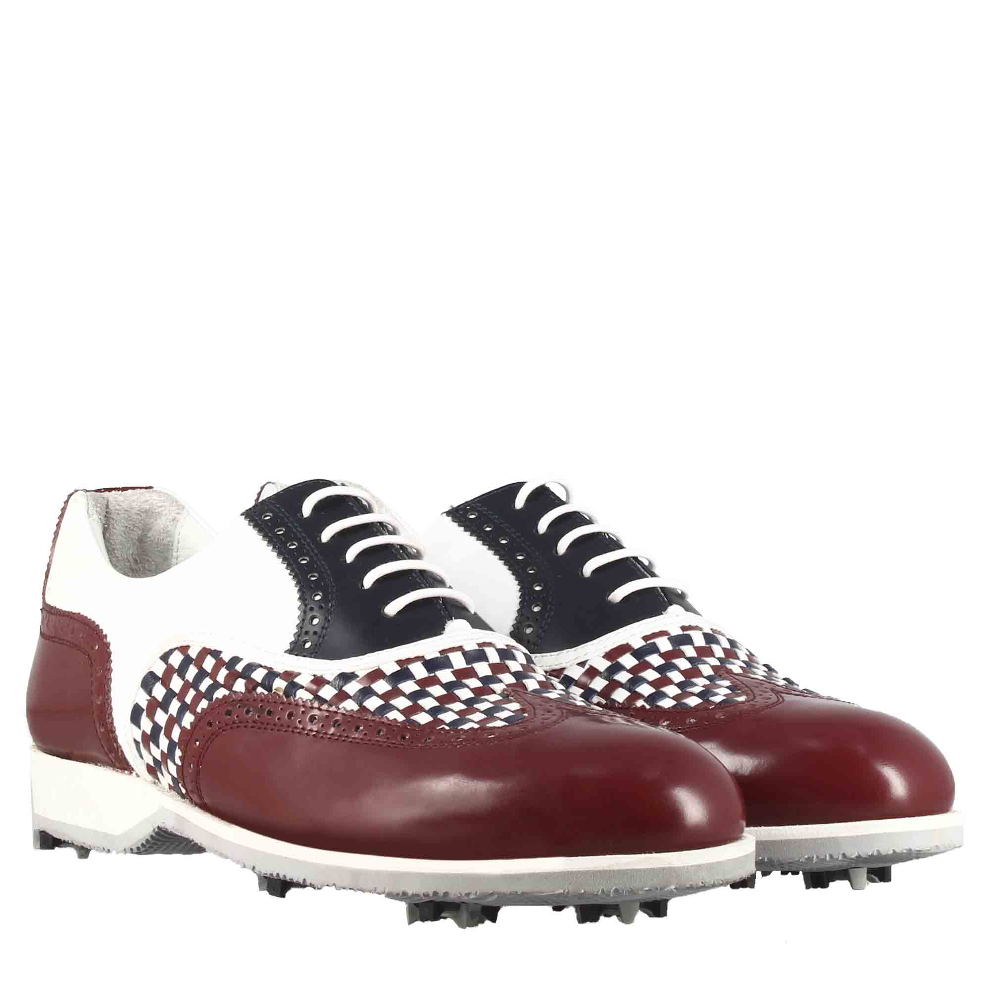 Chaussures de golf pour femme fabriquées à la main en cuir blanc avec détails bleus et bordeaux
