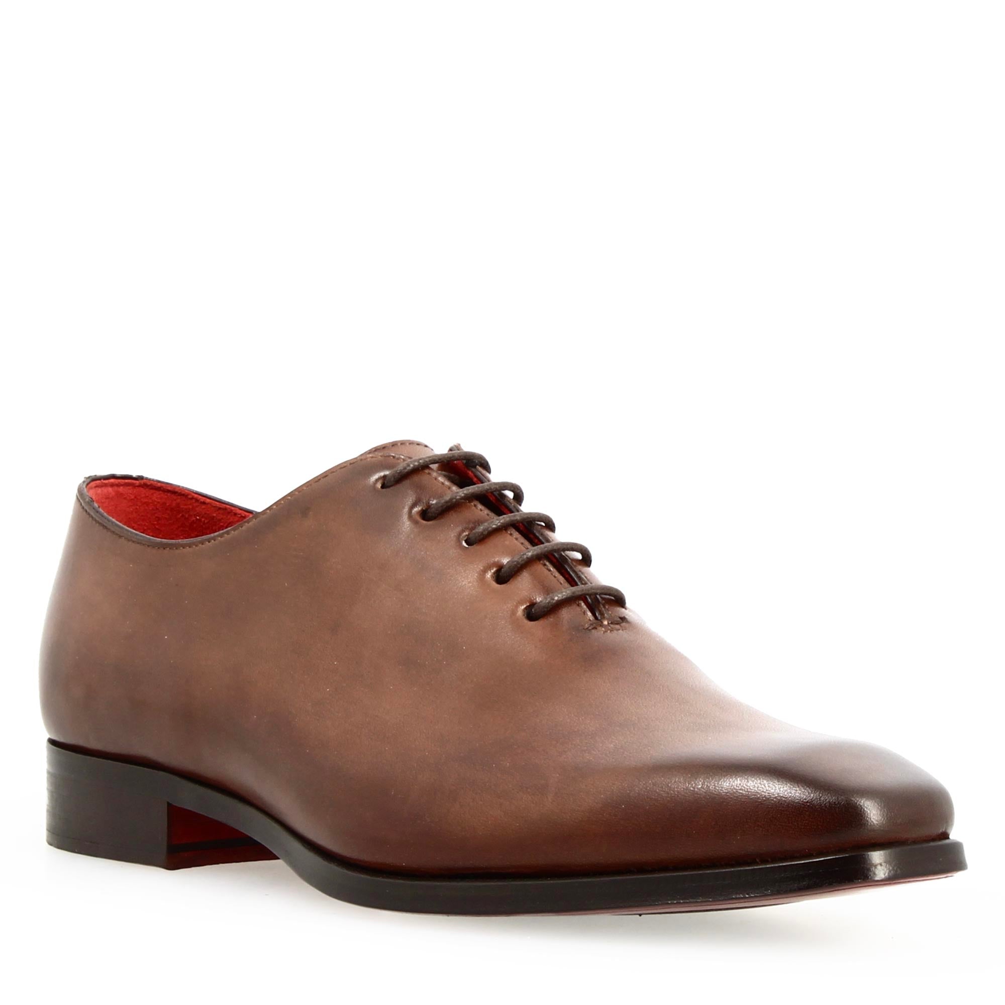 Scarpe wholecut da uomo artigianali punta squadrata in pelle di vitello delavè brandy - LeonardoShoes