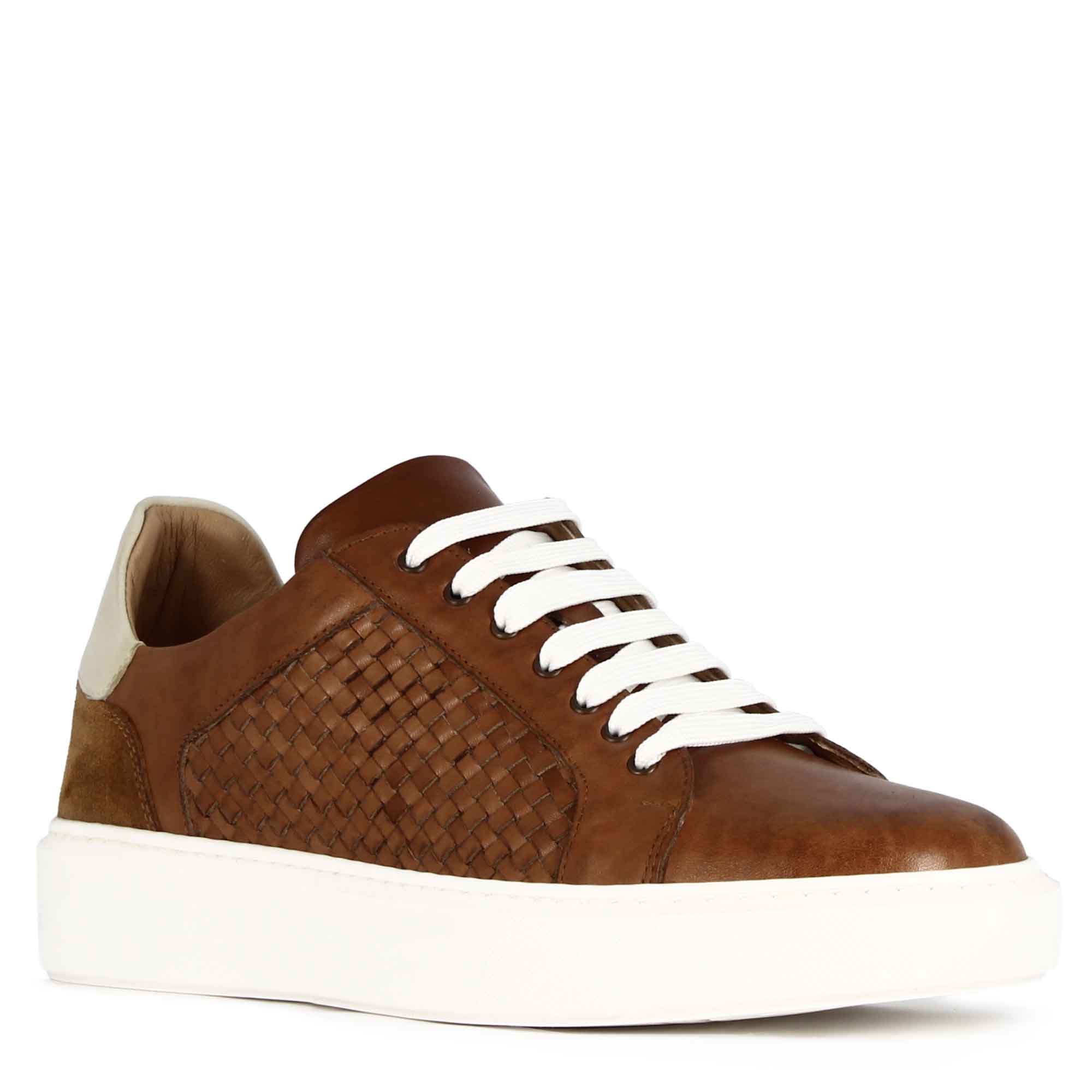 Casual brown woven leather Italian men's trainers