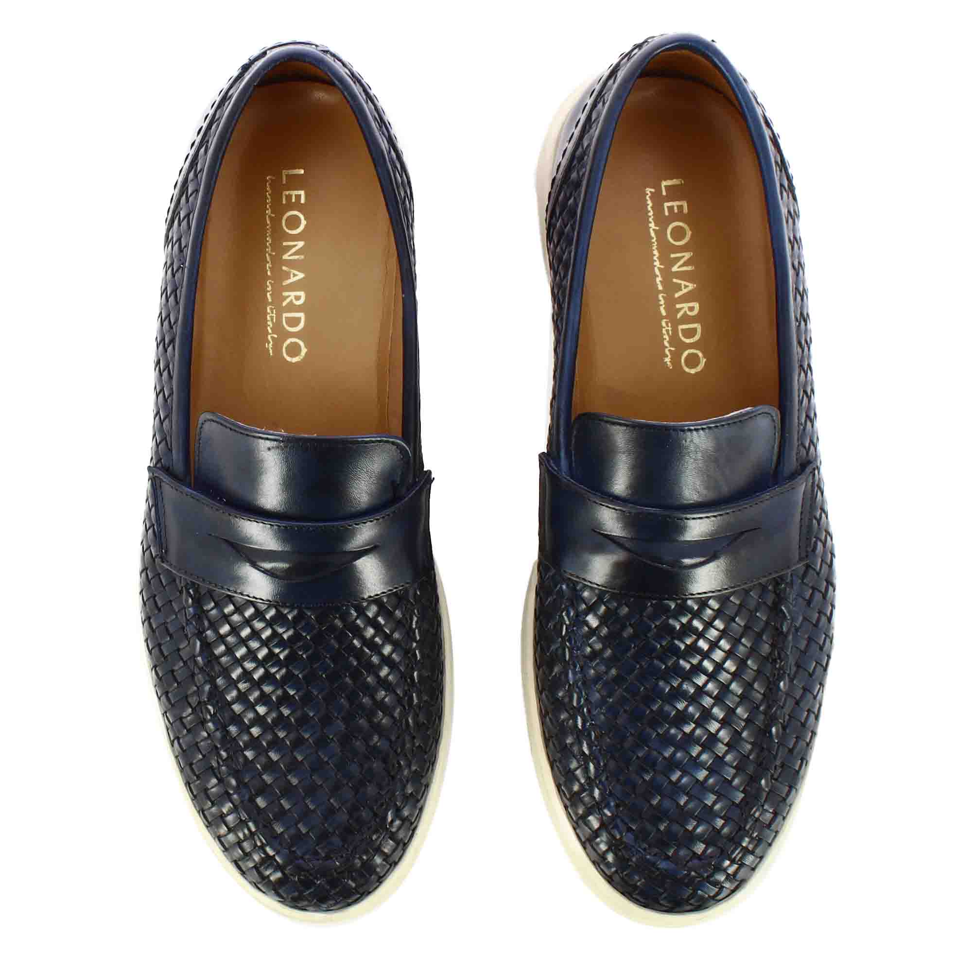 Handmade men's sneaker in blue woven leather
