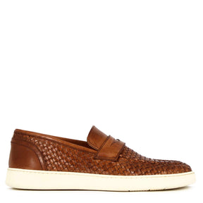 Handmade men's sneaker made of woven leather brown color