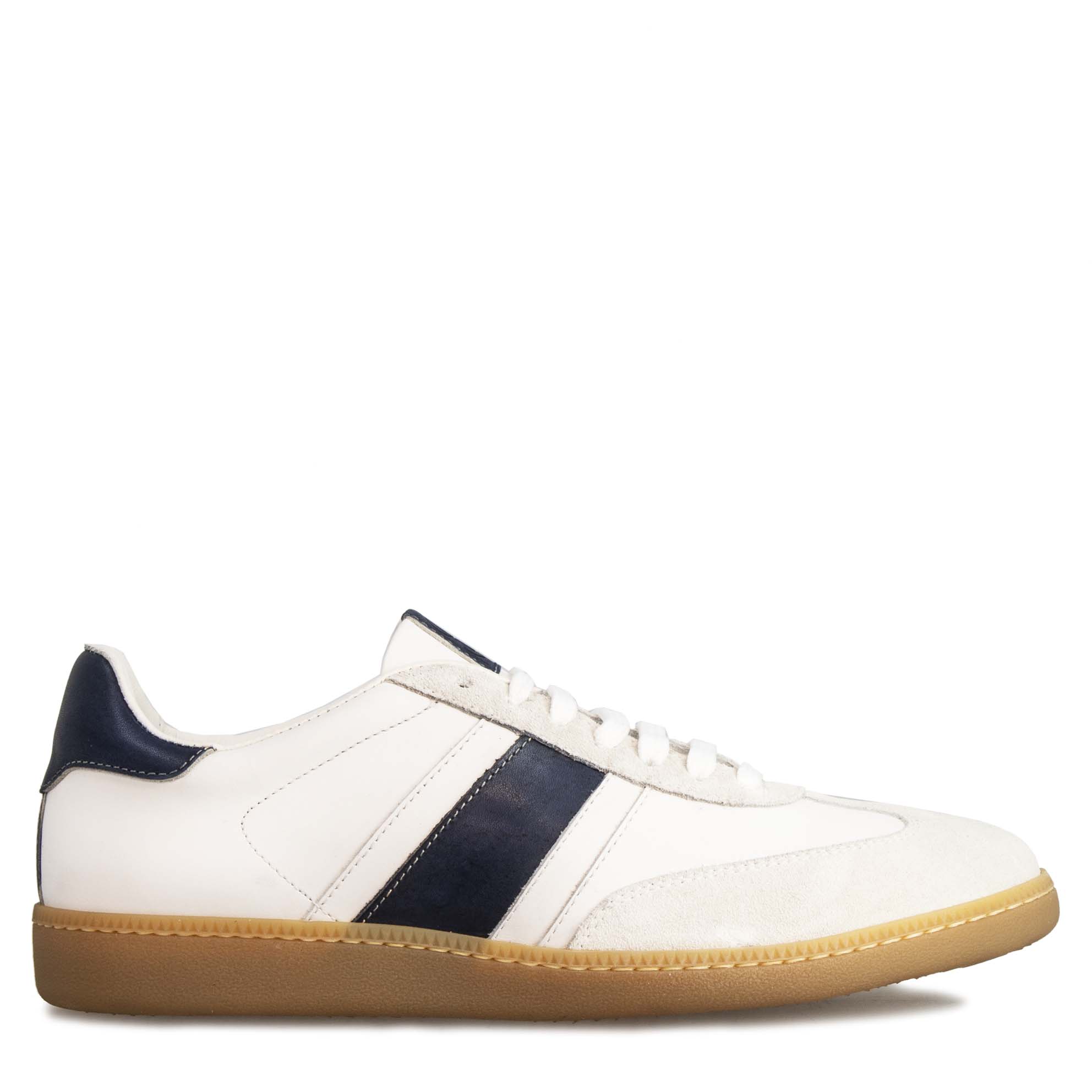 Baskets homme faites main en cuir blanc et bleu