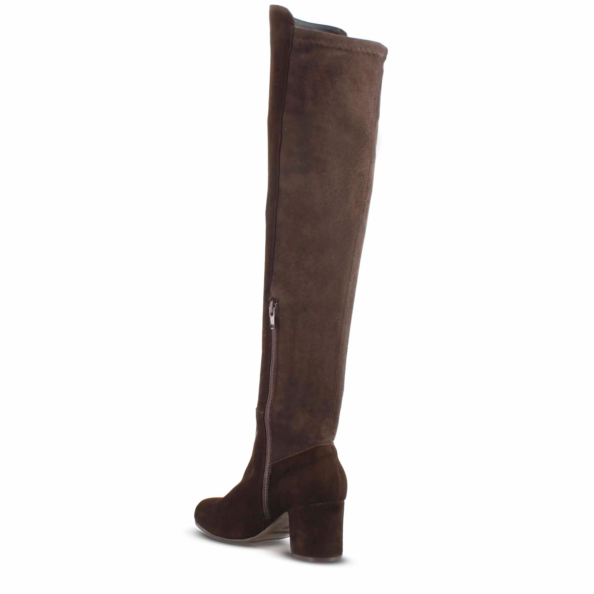 Women's high boot in dark brown suede leather with soft shaft