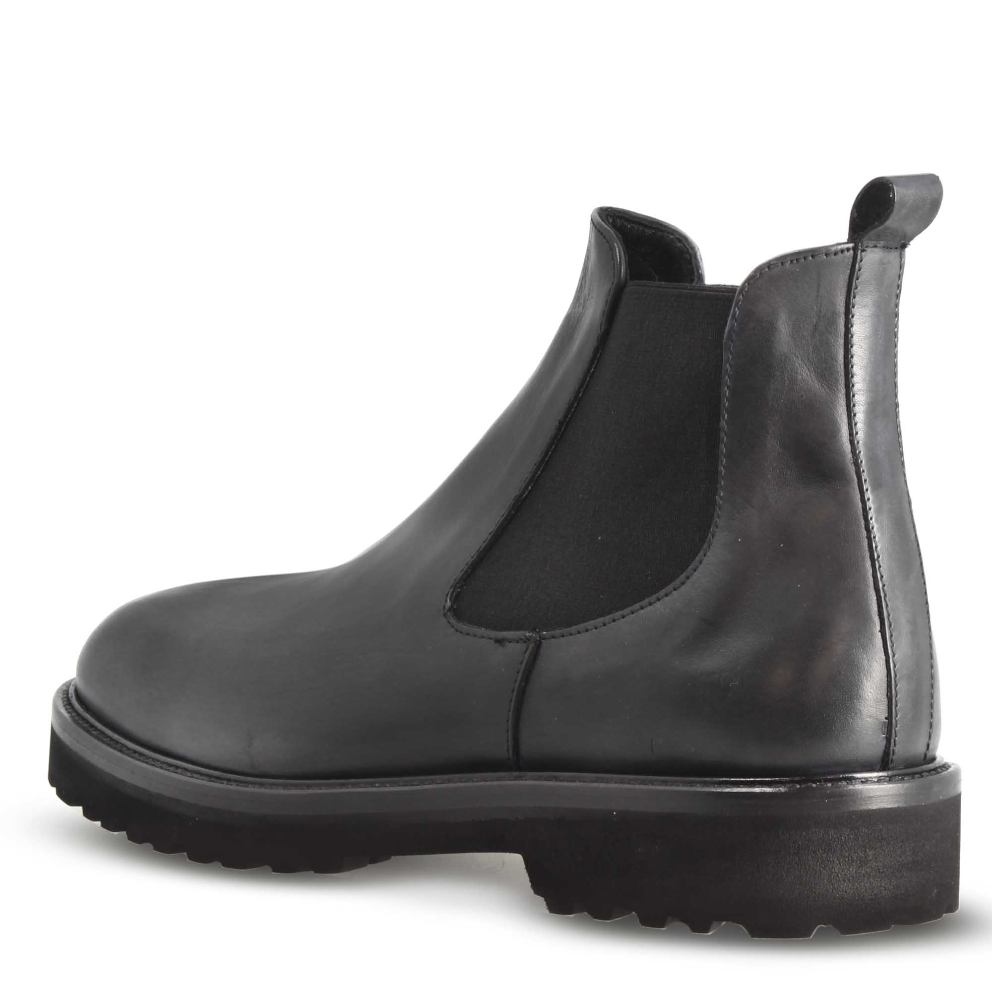 Men's Chelsea Boots in Smooth Genuine Leather in Black with Tread Sole