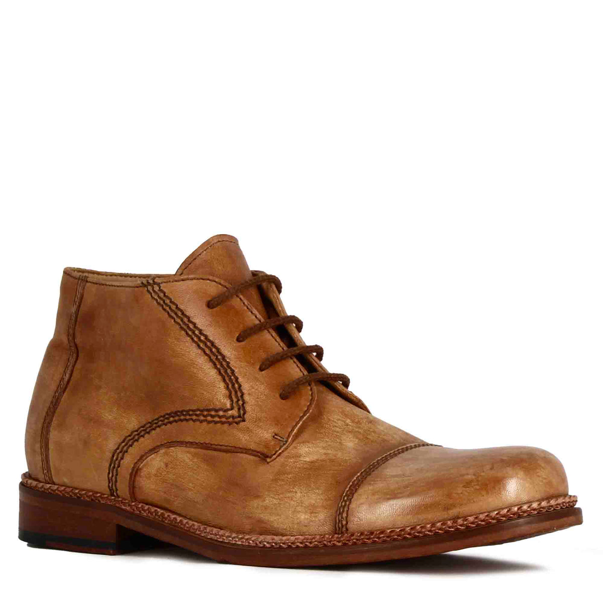 Men's lace-up ankle boots in beige leather