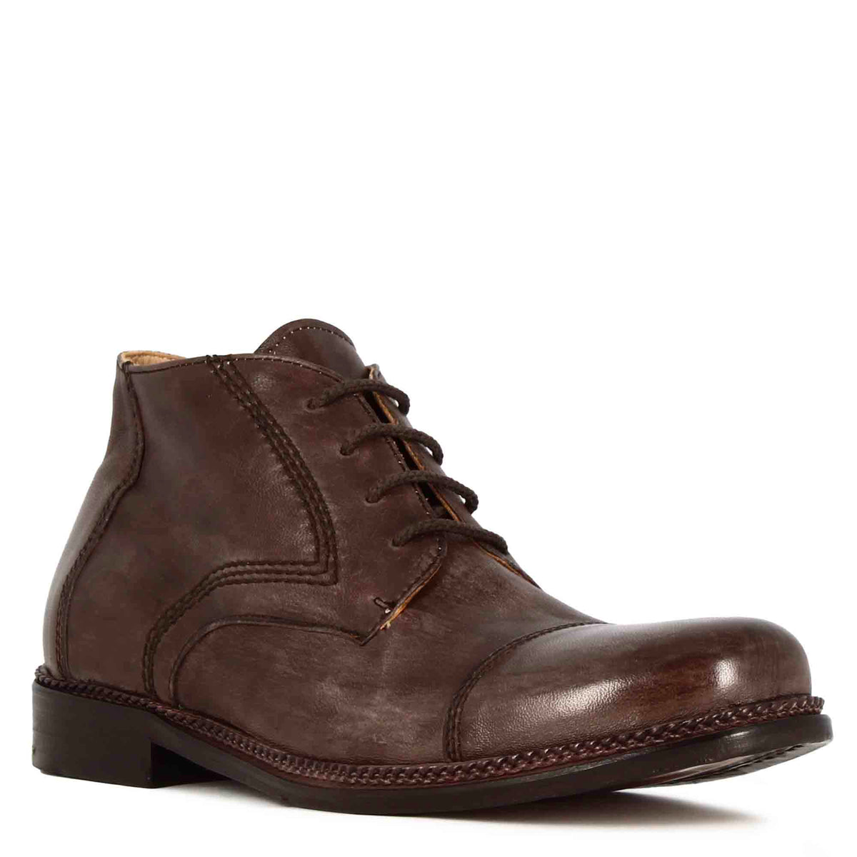 Bottines à lacets pour hommes en cuir marron foncé