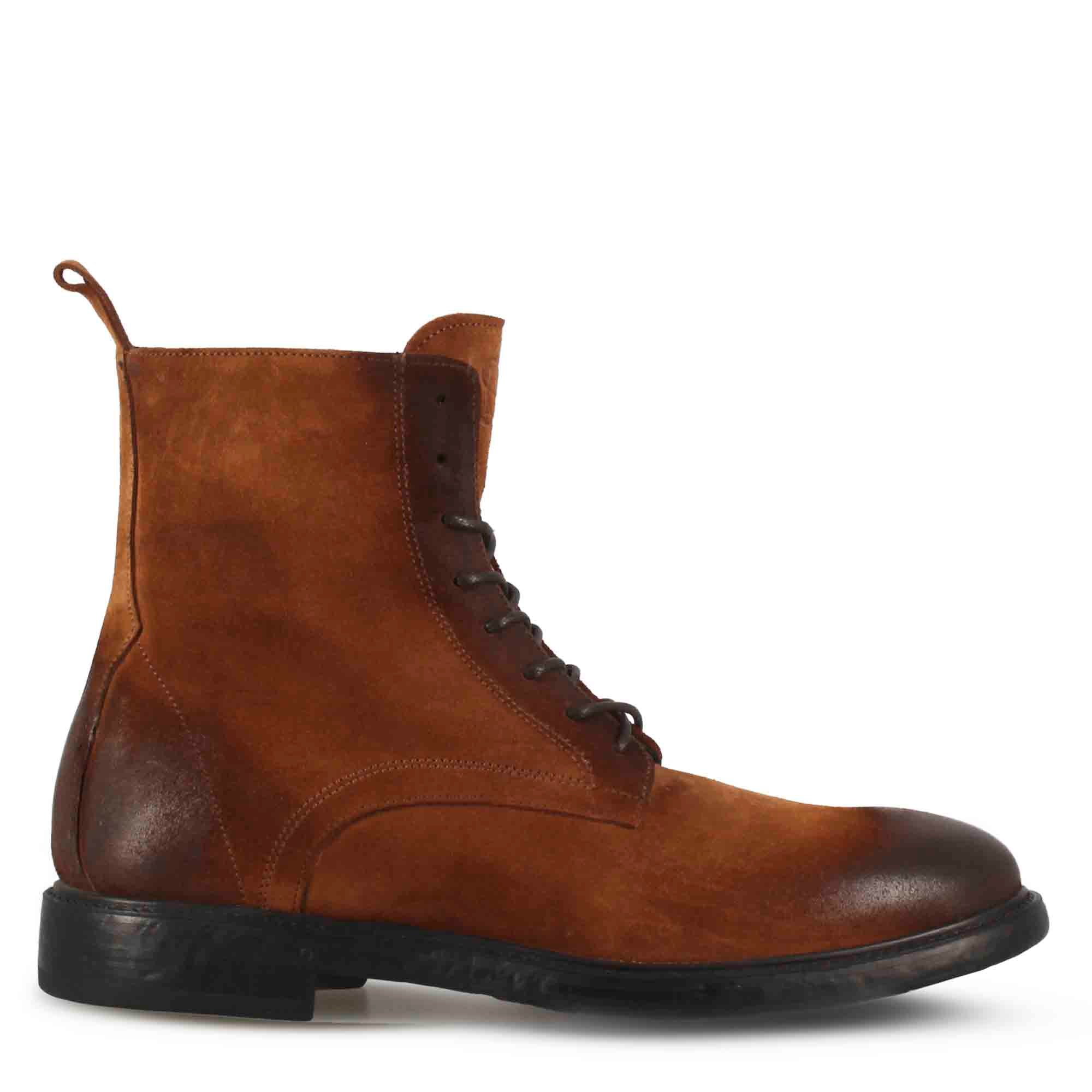 Men's ankle boots in genuine suede leather in brown with laces