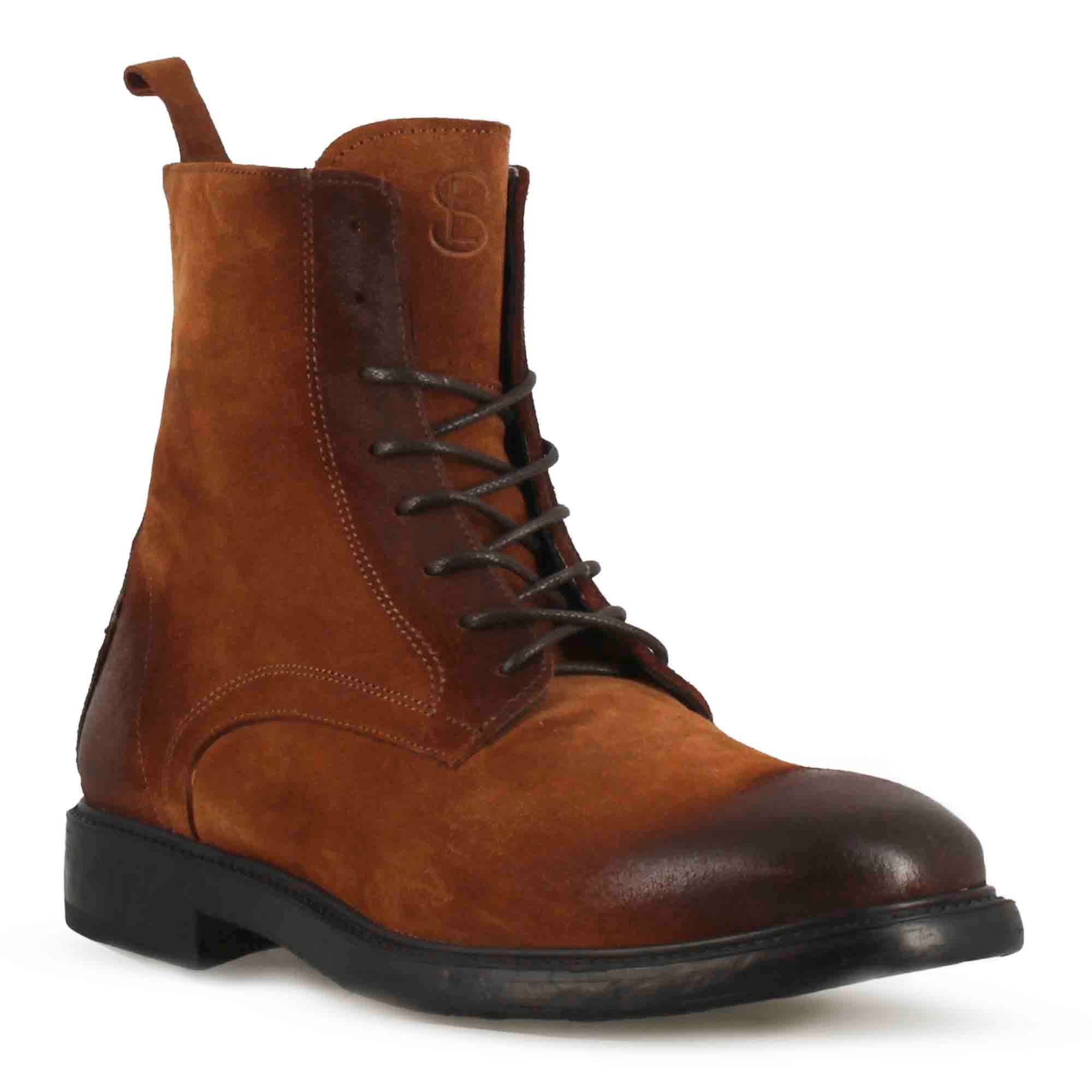 Men's ankle boots in genuine suede leather in brown with laces