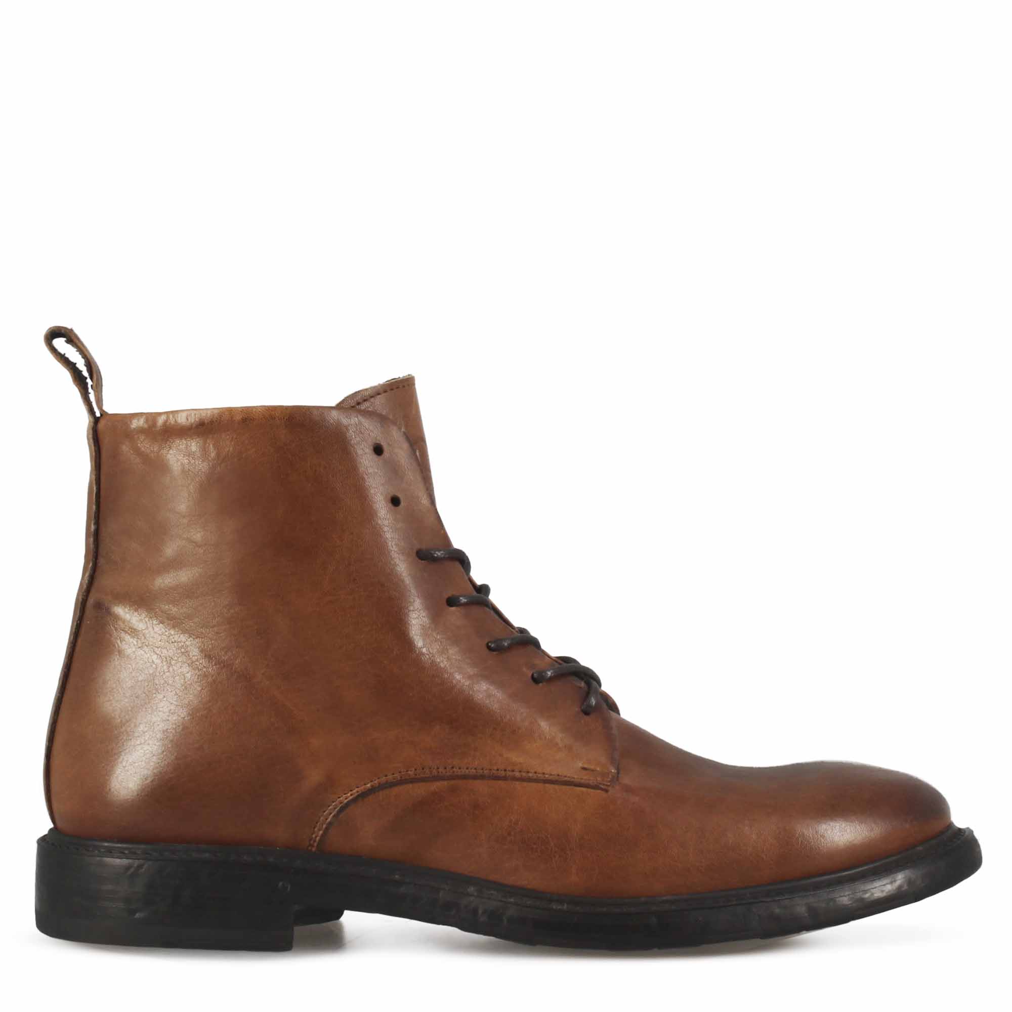 Men's ankle boots with laces in brown smooth leather 