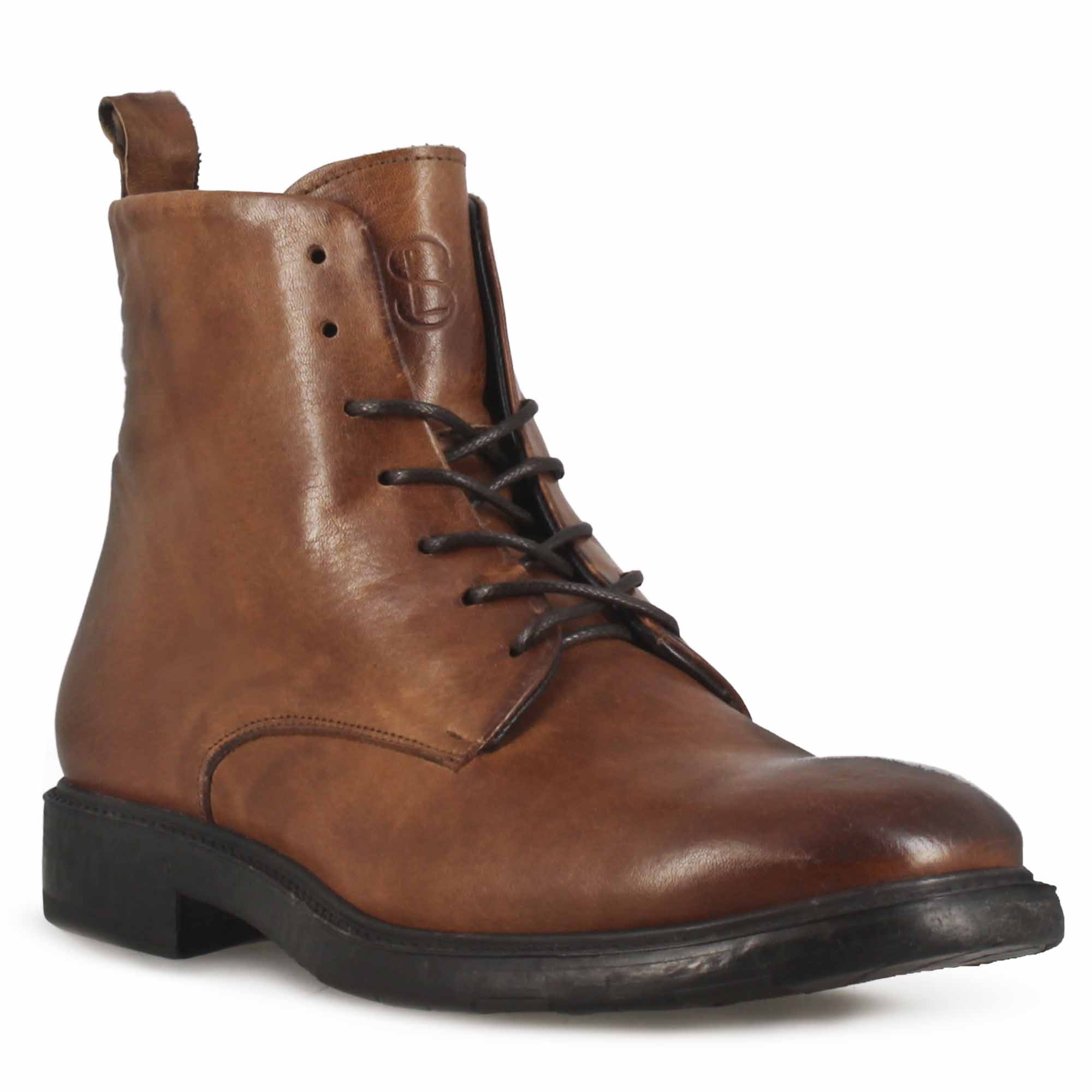 Men's ankle boots with laces in brown smooth leather 