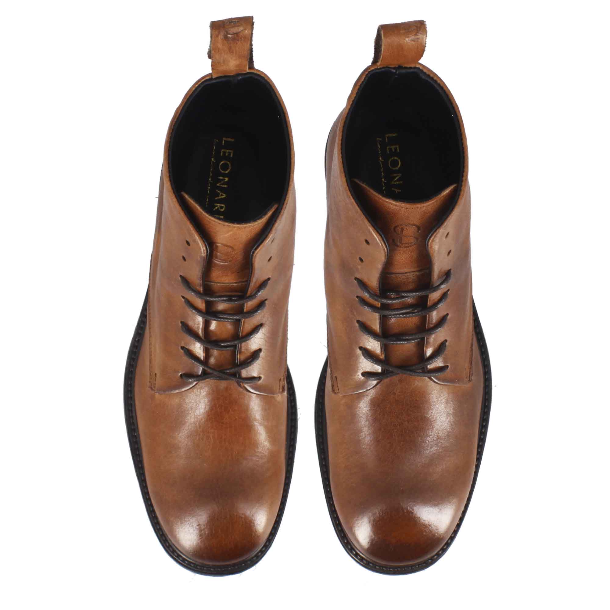 Bottines pour hommes en cuir lisse marron à laçage