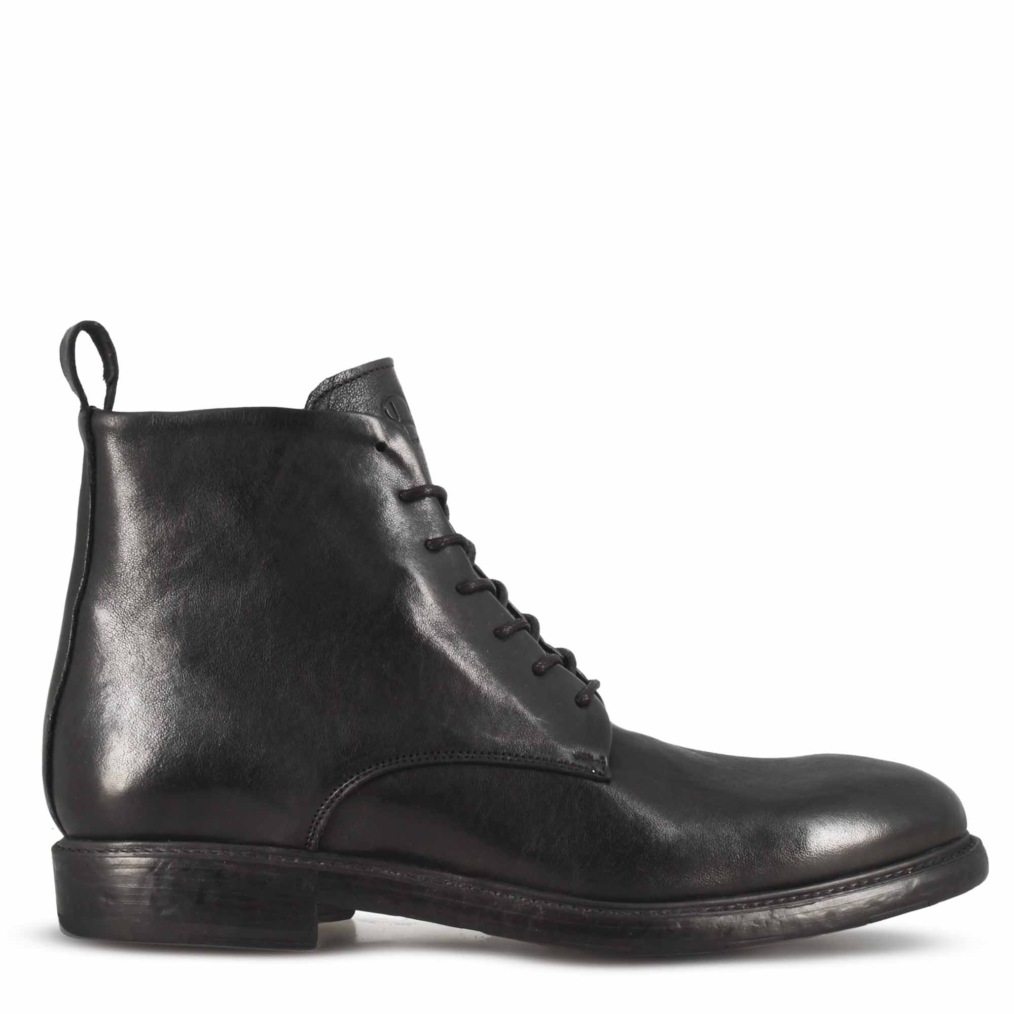 Men's ankle boots in smooth black genuine leather with laces