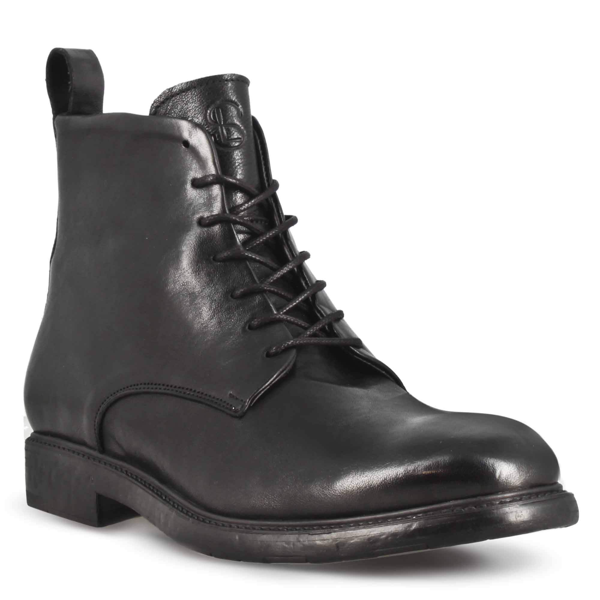 Men's ankle boots in smooth black genuine leather with laces