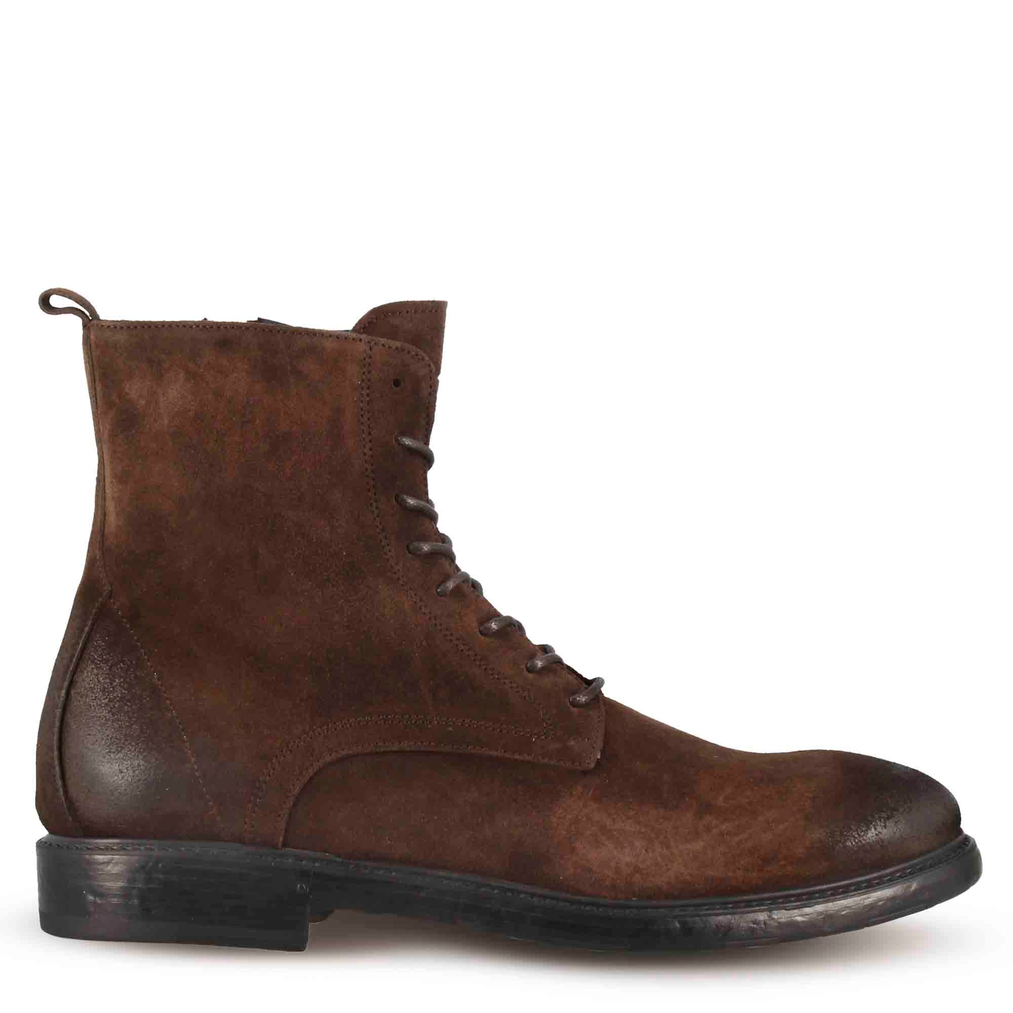 Men's ankle boots in genuine suede leather dark brown vintage effect