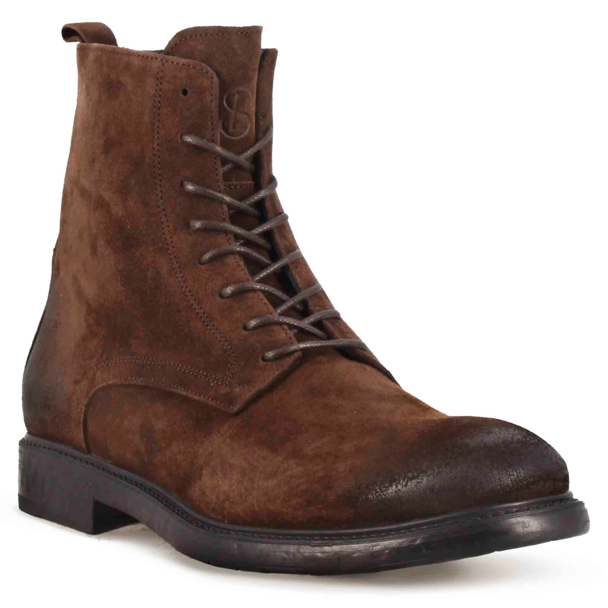 Men's ankle boots in genuine suede leather dark brown vintage effect