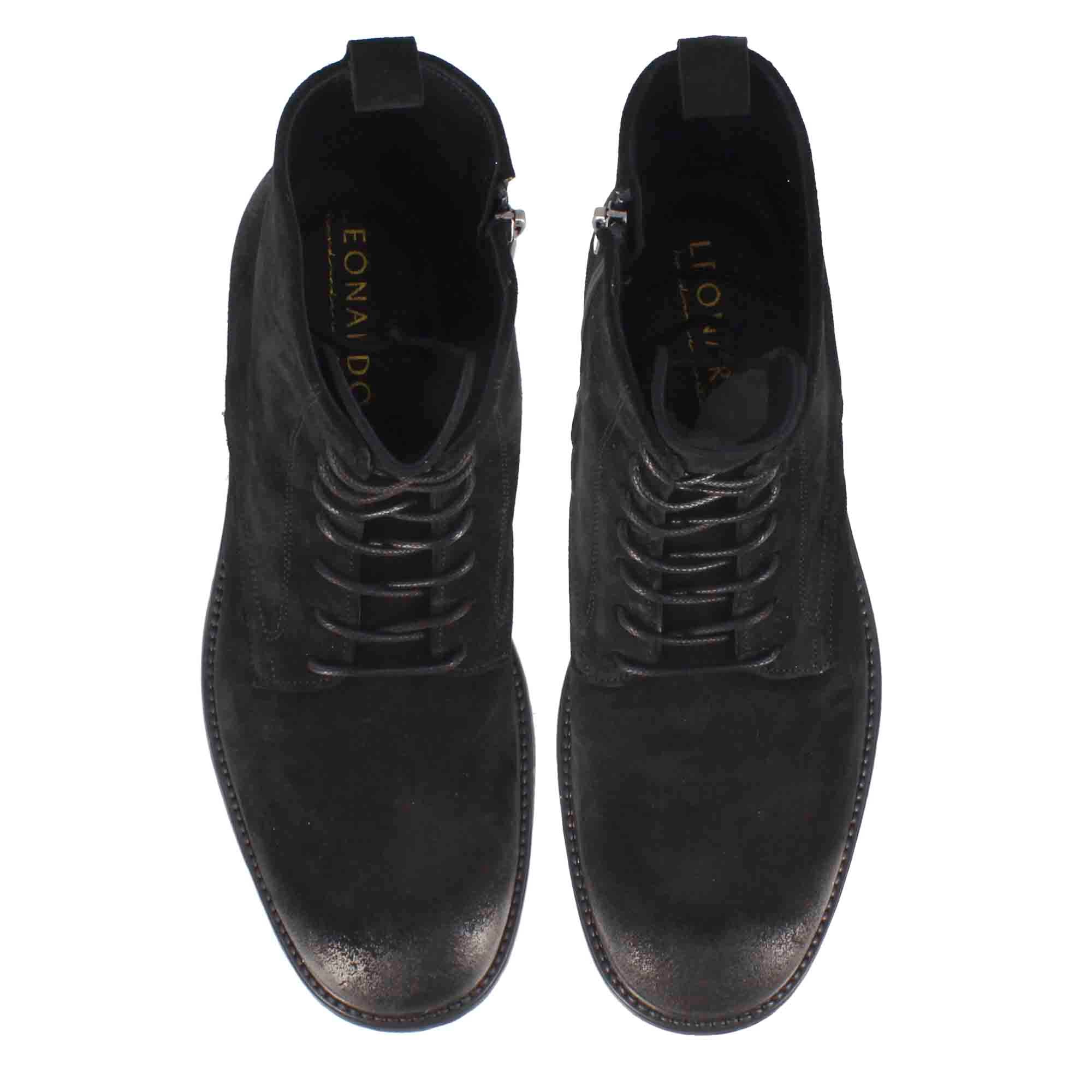Men's ankle boots in genuine suede leather with a vintage effect in black
