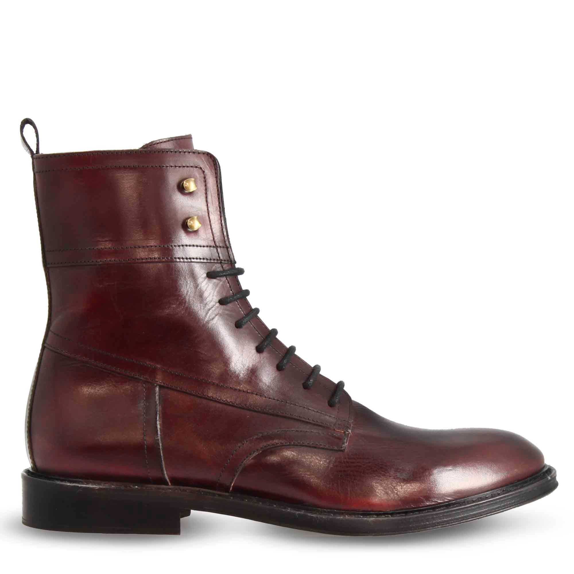Burgundy leather ankle boot with laces handmade in Italy