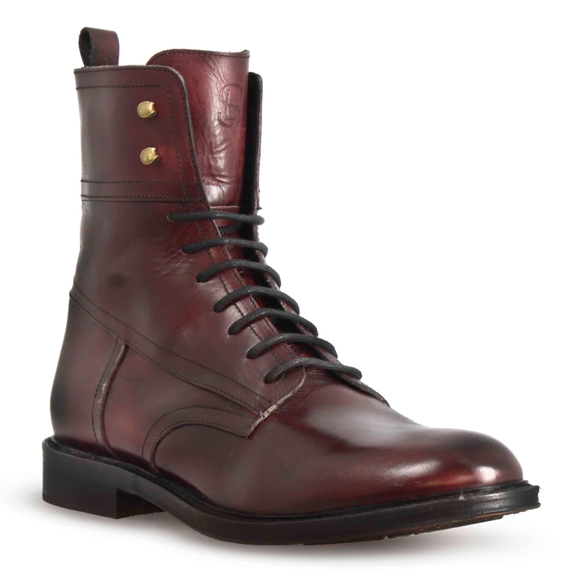 Burgundy leather ankle boot with laces handmade in Italy