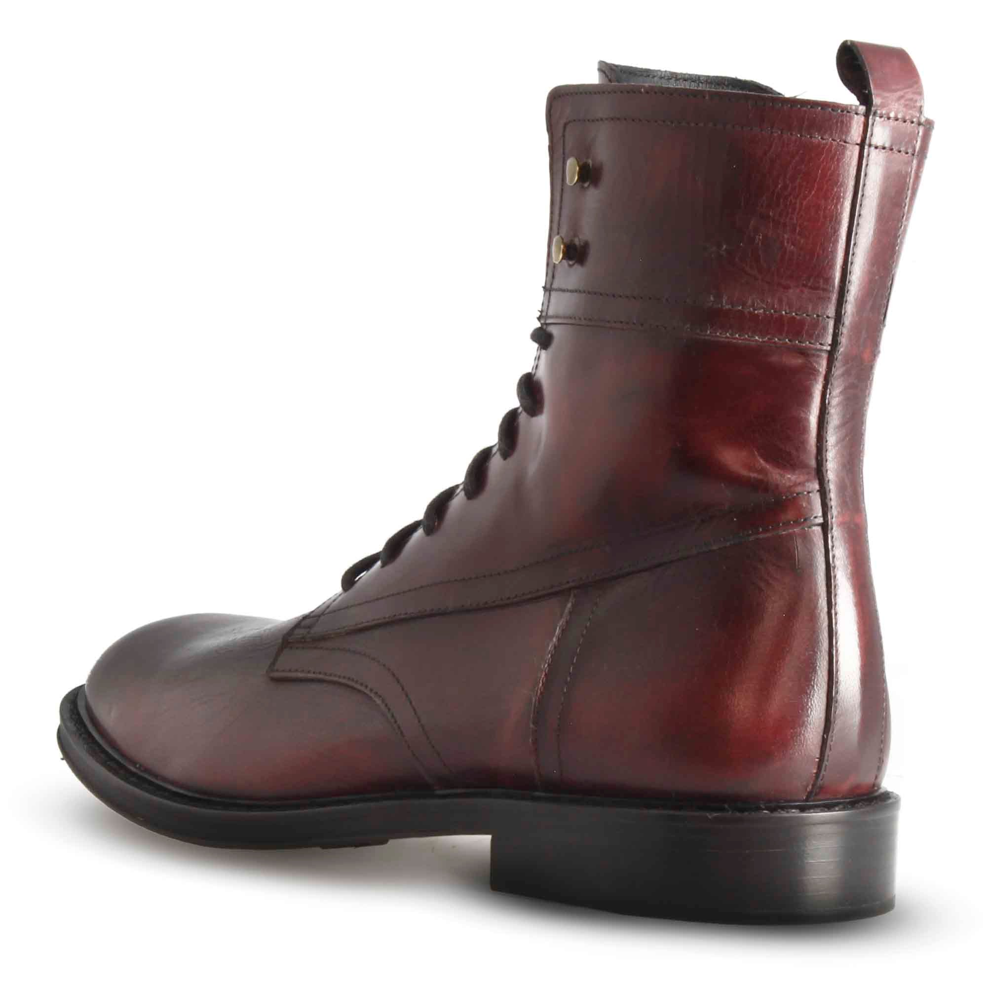 Burgundy leather ankle boot with laces handmade in Italy