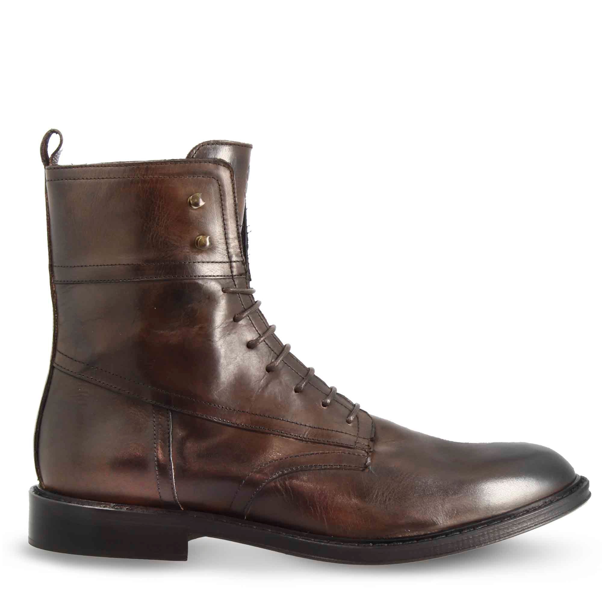 Men's dark brown leather amphibious ankle boot handmade in Italy