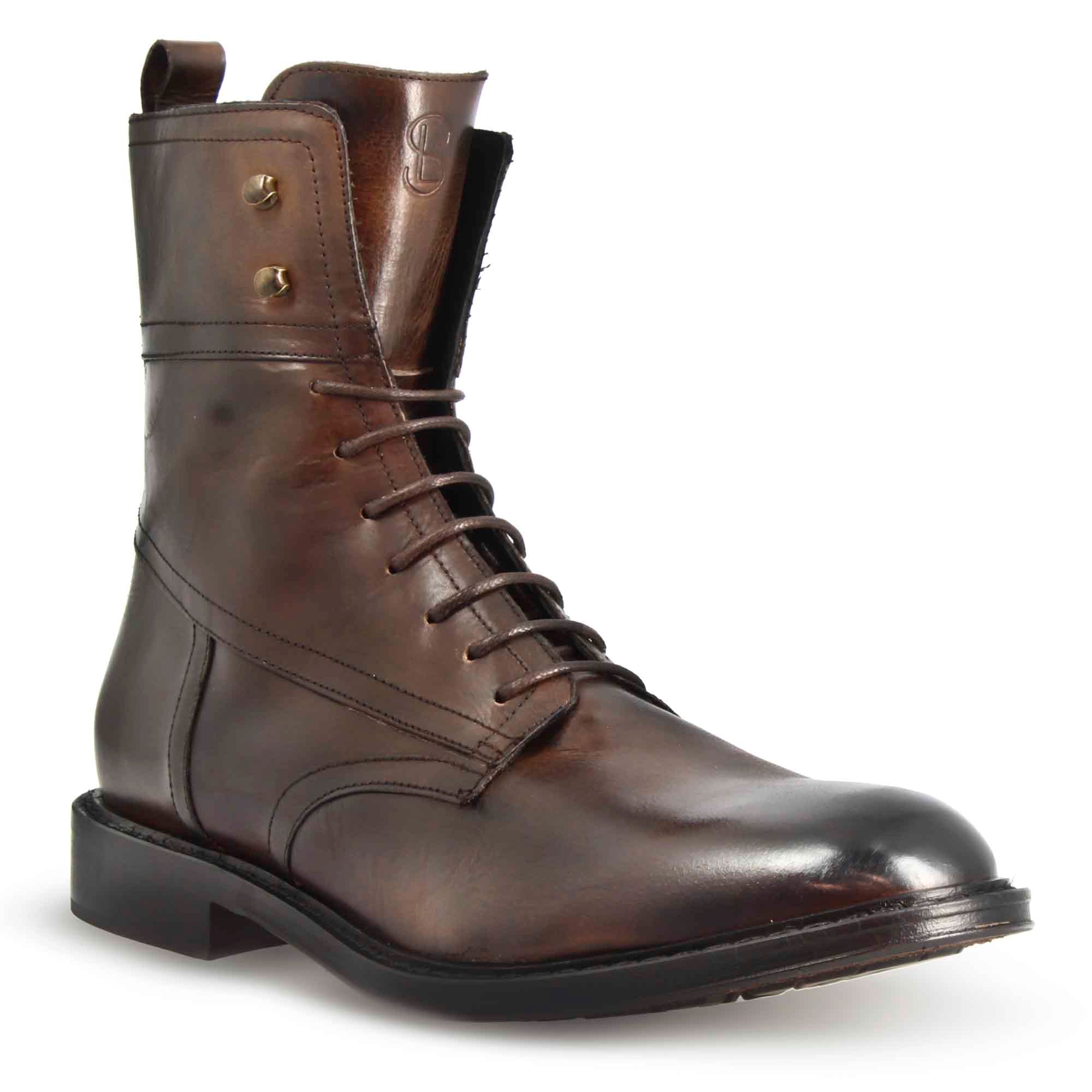 Men's dark brown leather amphibious ankle boot handmade in Italy